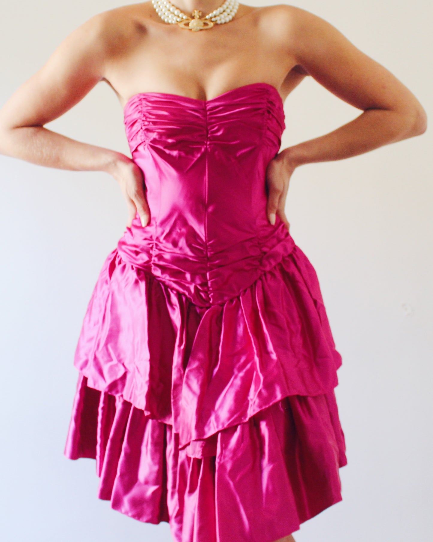 Vintage 1980s Bright Pink Mini Dress – Sleek Formal Cocktail Dress with 80s Statement Style Vintage 1960s Coquette Pink Tiered Tulle Gown