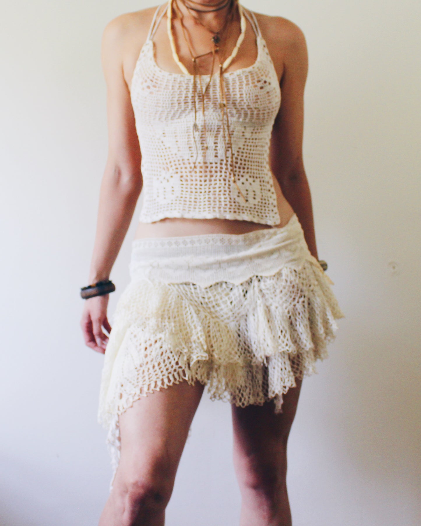 Upcycled Vintage Doily Mini Skirt | Drop Waist Y2K Boho Style | Handmade Eclectic Lace Skirt