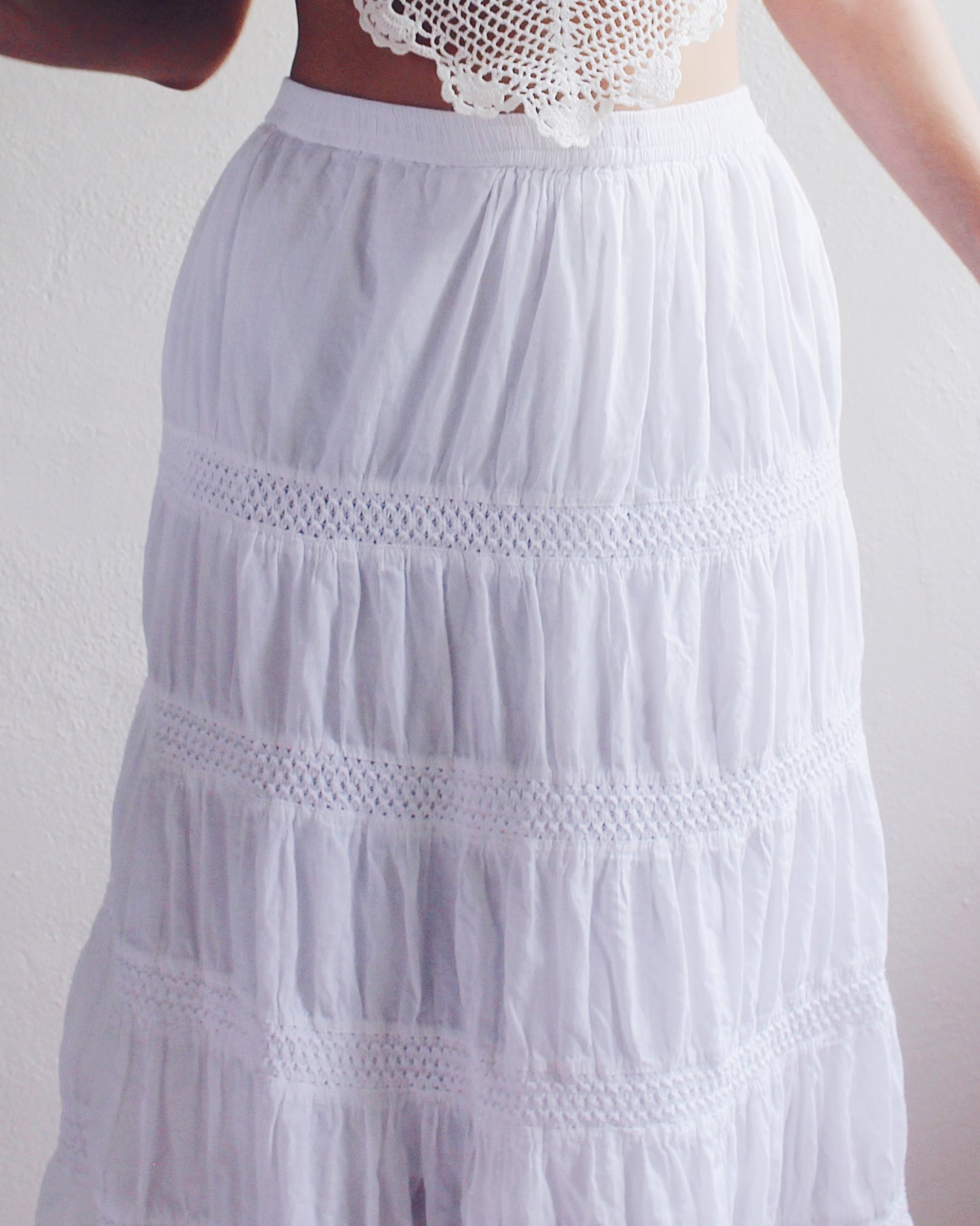 Vintage White Cotton Boho Long Panel Skirt - Countryside Hippie Style | Perfect for Summer & Fall Layering