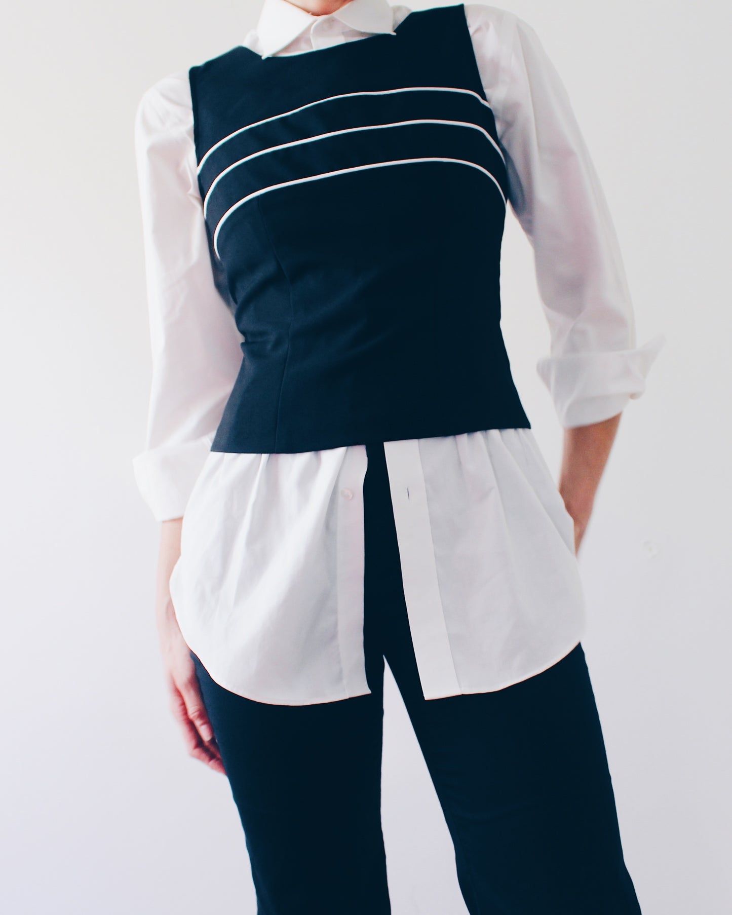 Vintage 90s Minimalist Tank Top | Black Sleeveless Top with White Stripe Detail | Back Zip Workwear Blouse | Chic Retro Layering Piece