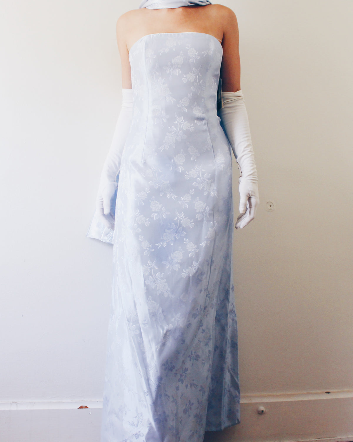Deadstock Vintage Y2K Jessica McClintock Ice Blue Floral Formal Gown with Matching Wrap, Sleeveless Prom Dress