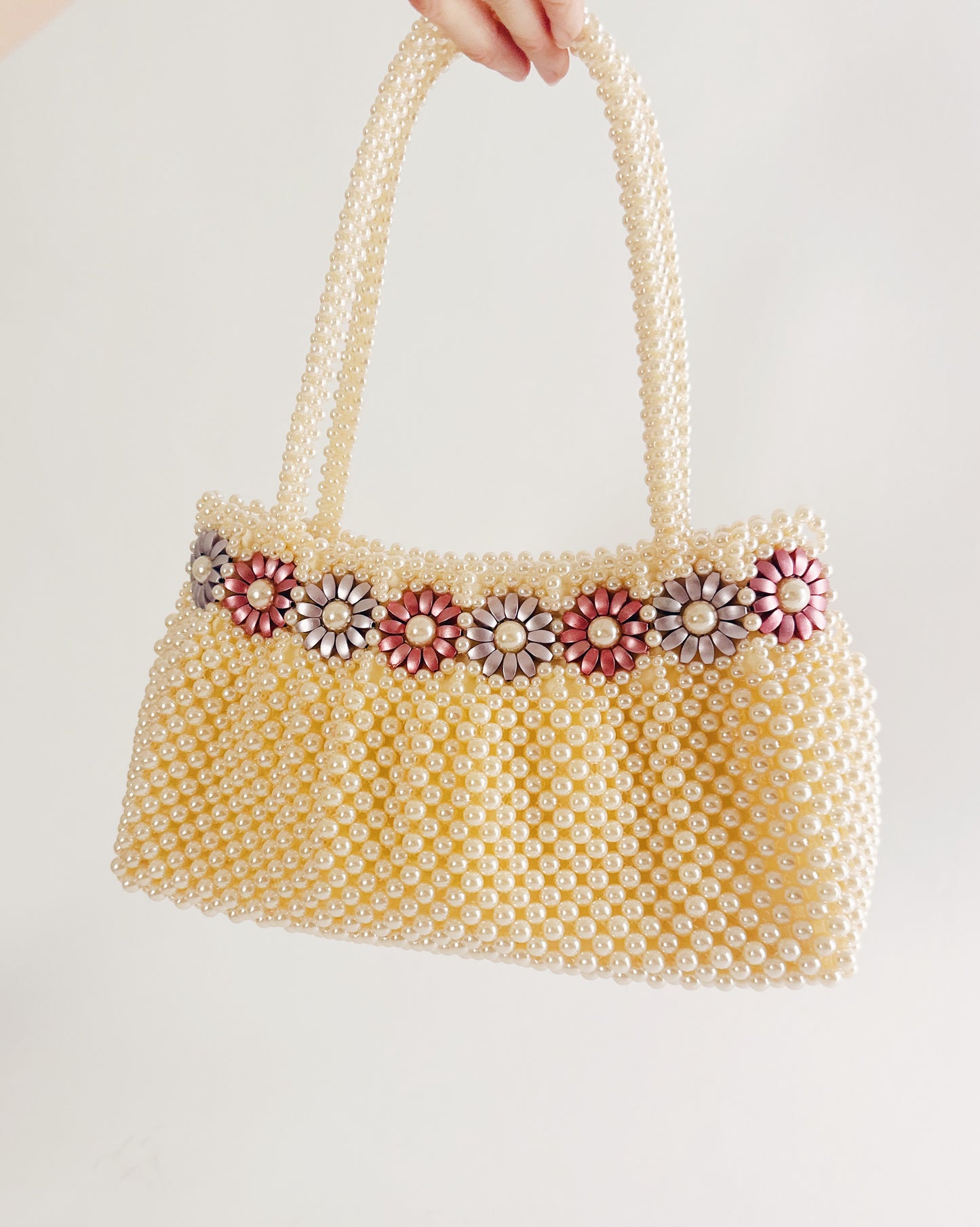Vintage 70s Pearl Beaded Purse – Floral Detail Structured Clutch Spring Easter Bag
