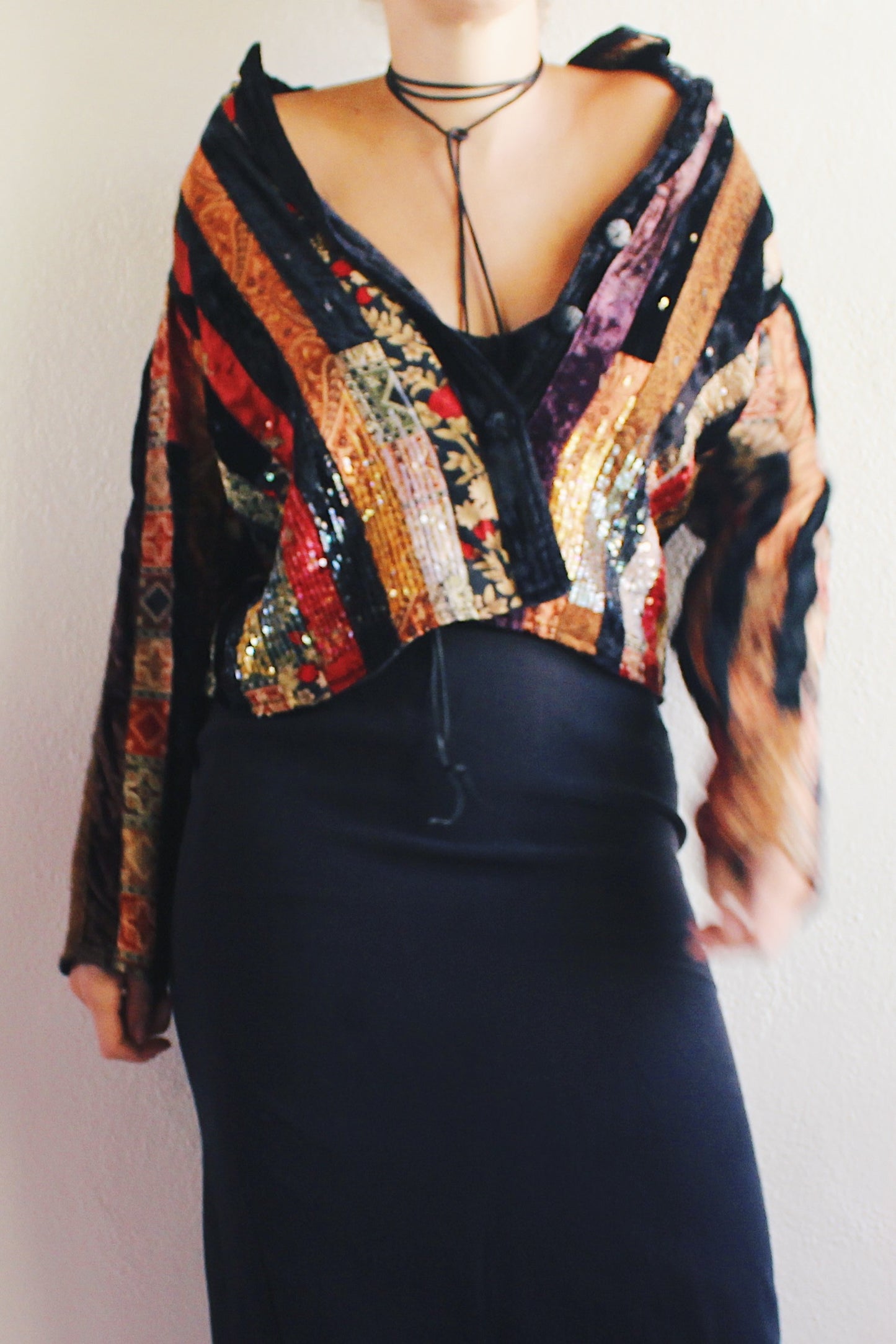 Vintage Black Velvet Patchwork Jacket - 90s Grunge WhimsyGoth Style