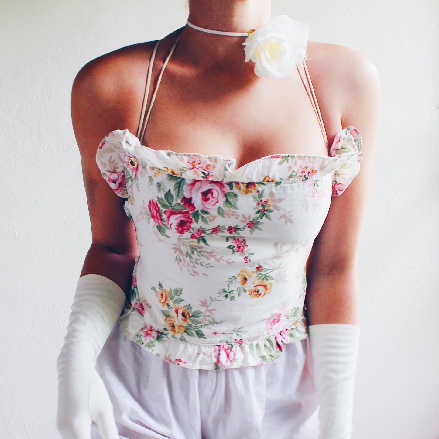 Upcycled Floral Ruffle Crop Top - Vintage Coquette Style with Adjustable Elastic Straps | Perfect for Tea Parties