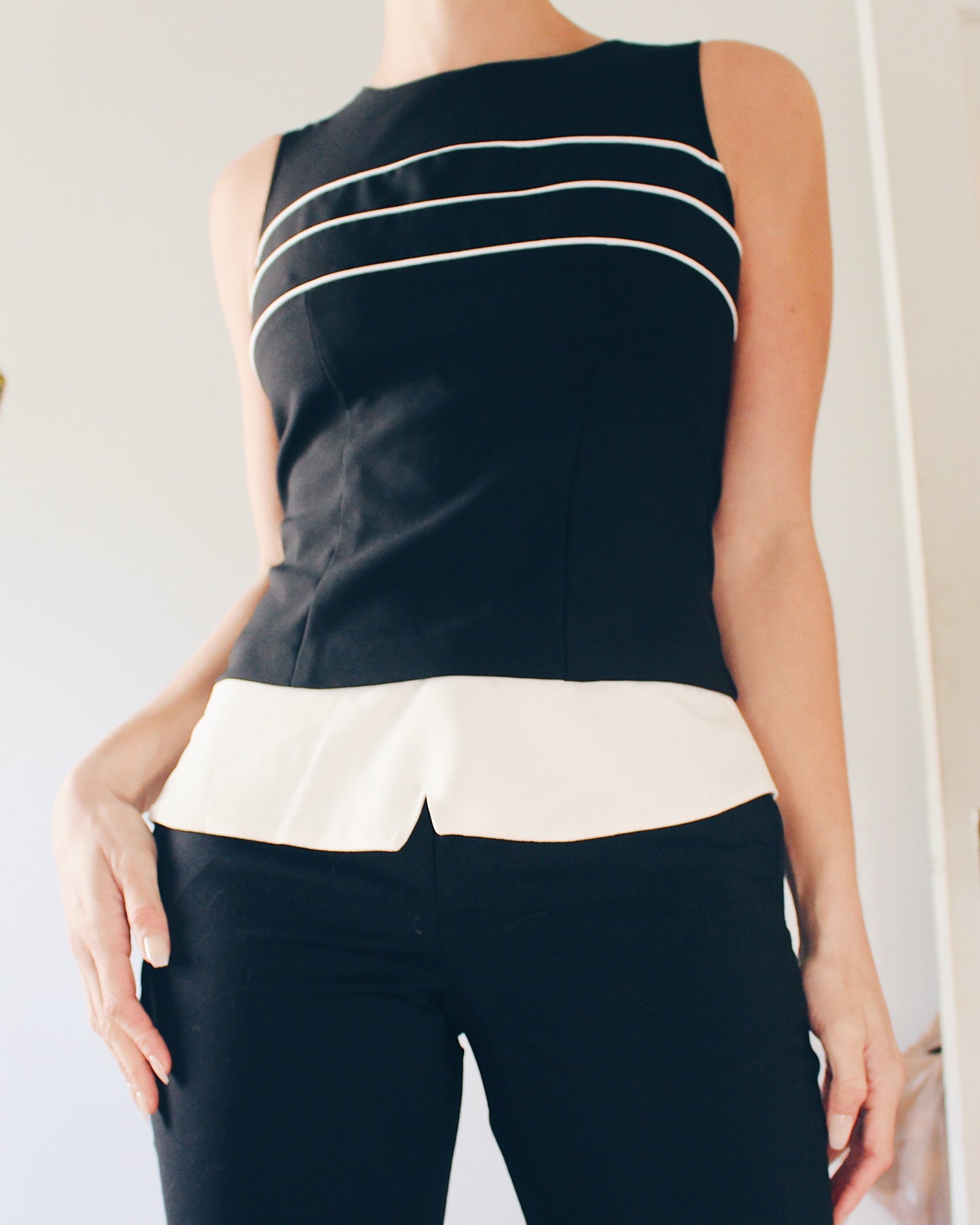 Vintage 90s Minimalist Tank Top | Black Sleeveless Top with White Stripe Detail | Back Zip Workwear Blouse | Chic Retro Layering Piece