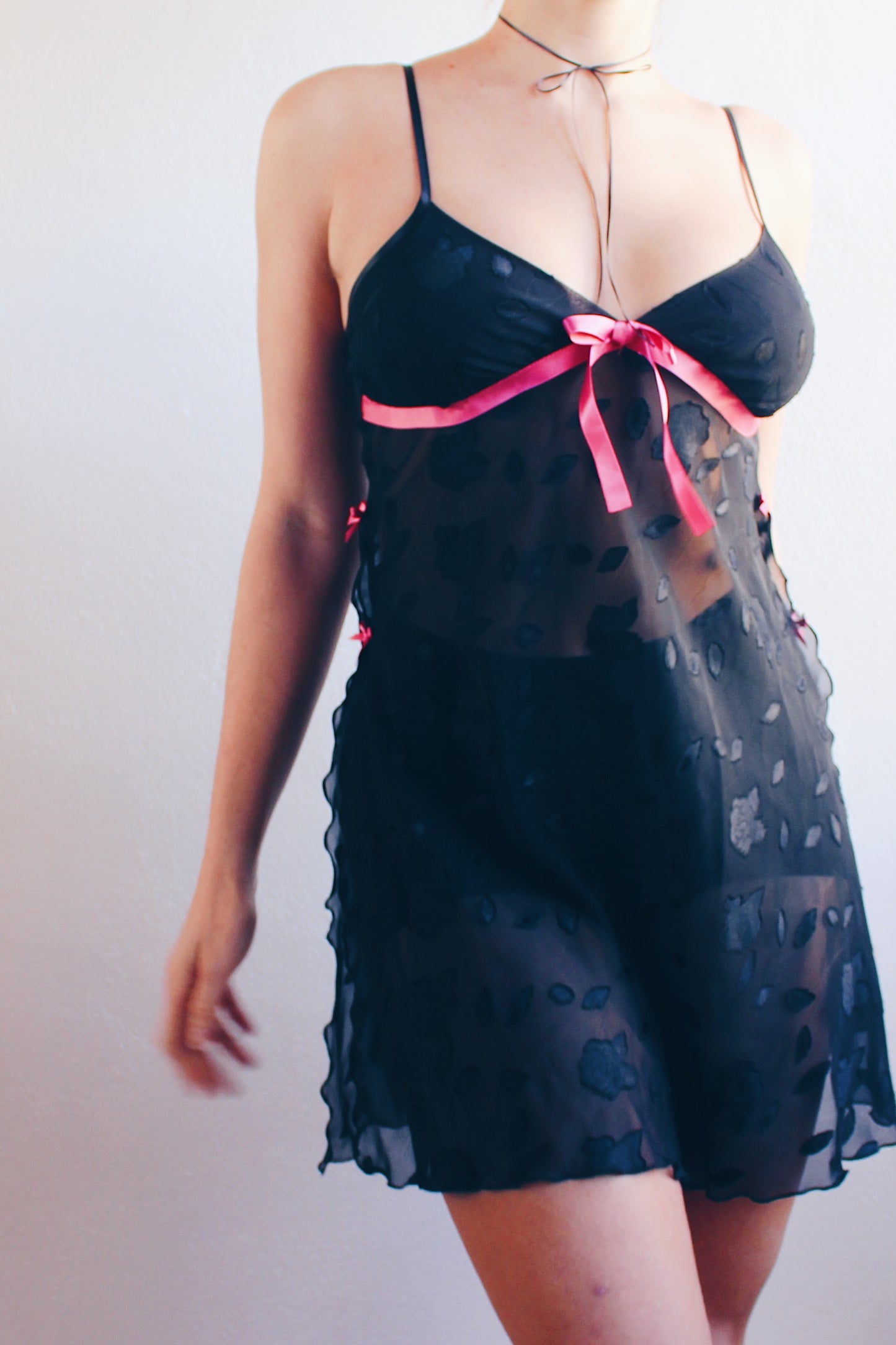 Vintage Romance: Black Sheer Babydoll Slip with Ribbon Bows