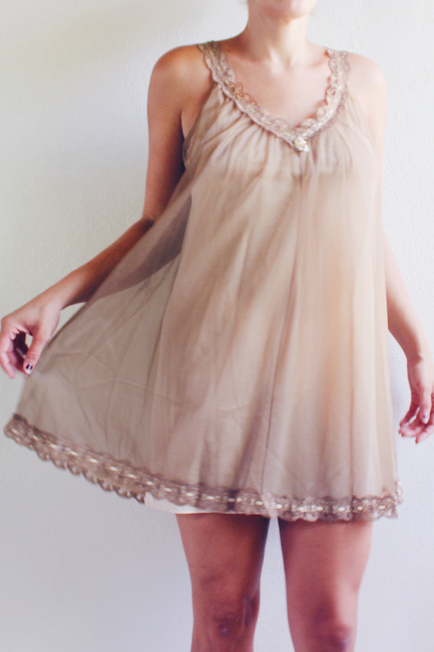 Whispering Lace Dreams: Vintage Chiffon Babydoll Slip with Layers of Romance