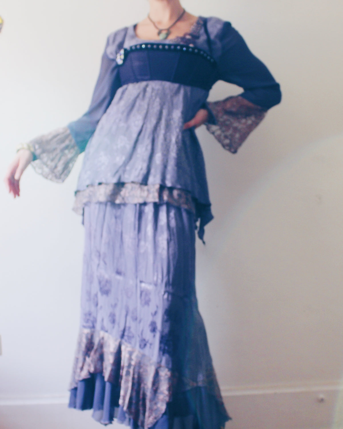 Vintage 90s Spencer Alexis Whimsygoth Two Piece Set, Dusty Purple Lilac Layered Midi Skirt and Embroidered Ruffle Sleeve Top