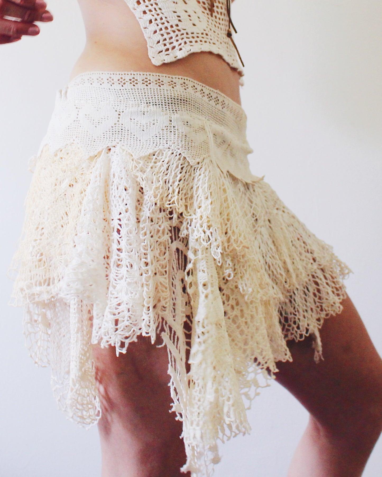 Upcycled Vintage Doily Mini Skirt | Drop Waist Y2K Boho Style | Handmade Eclectic Lace Skirt
