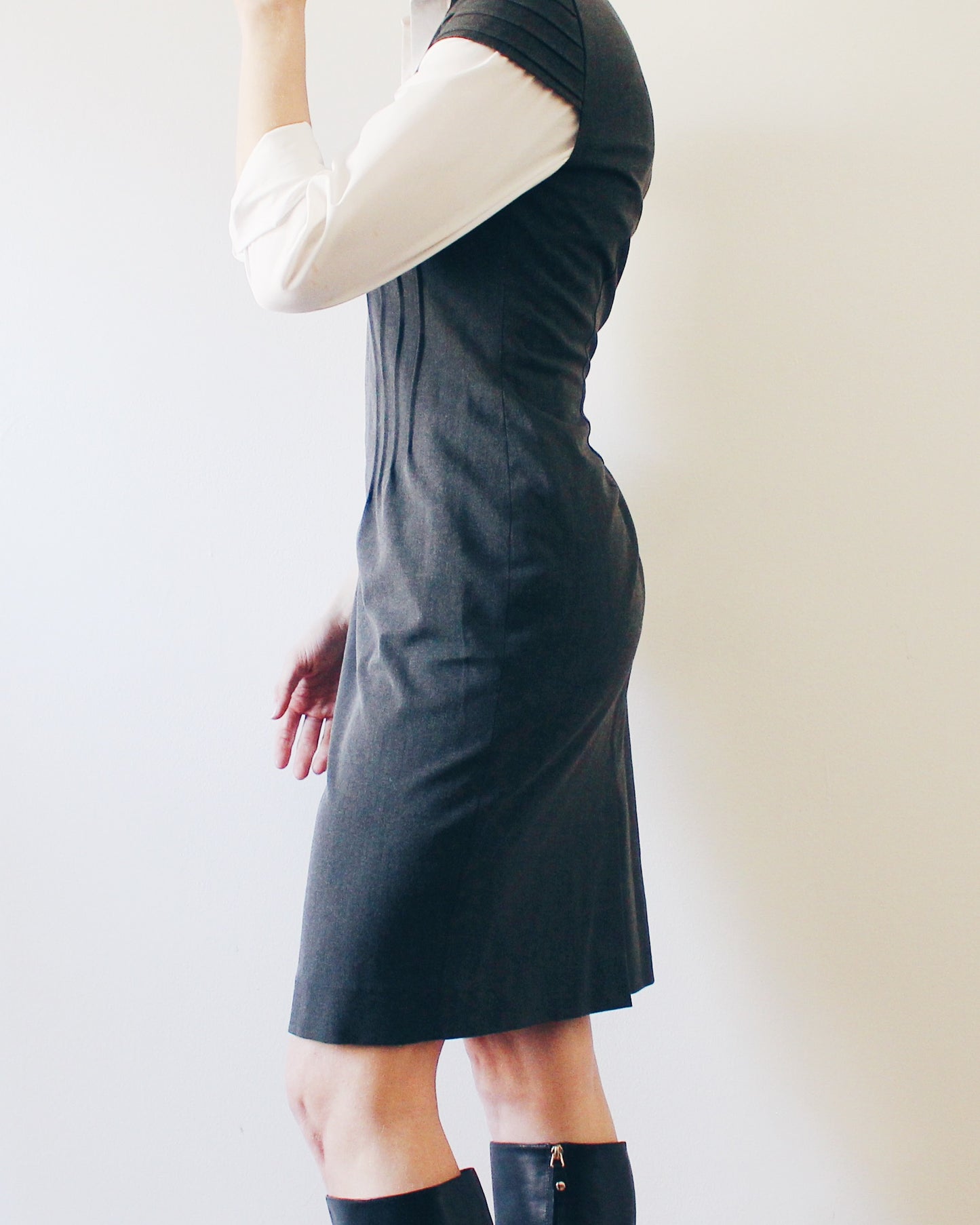 Office Layering Dress Gray Work Dress Professional Office Sheath Dress Short Sleeve Semi Formal Business Casual