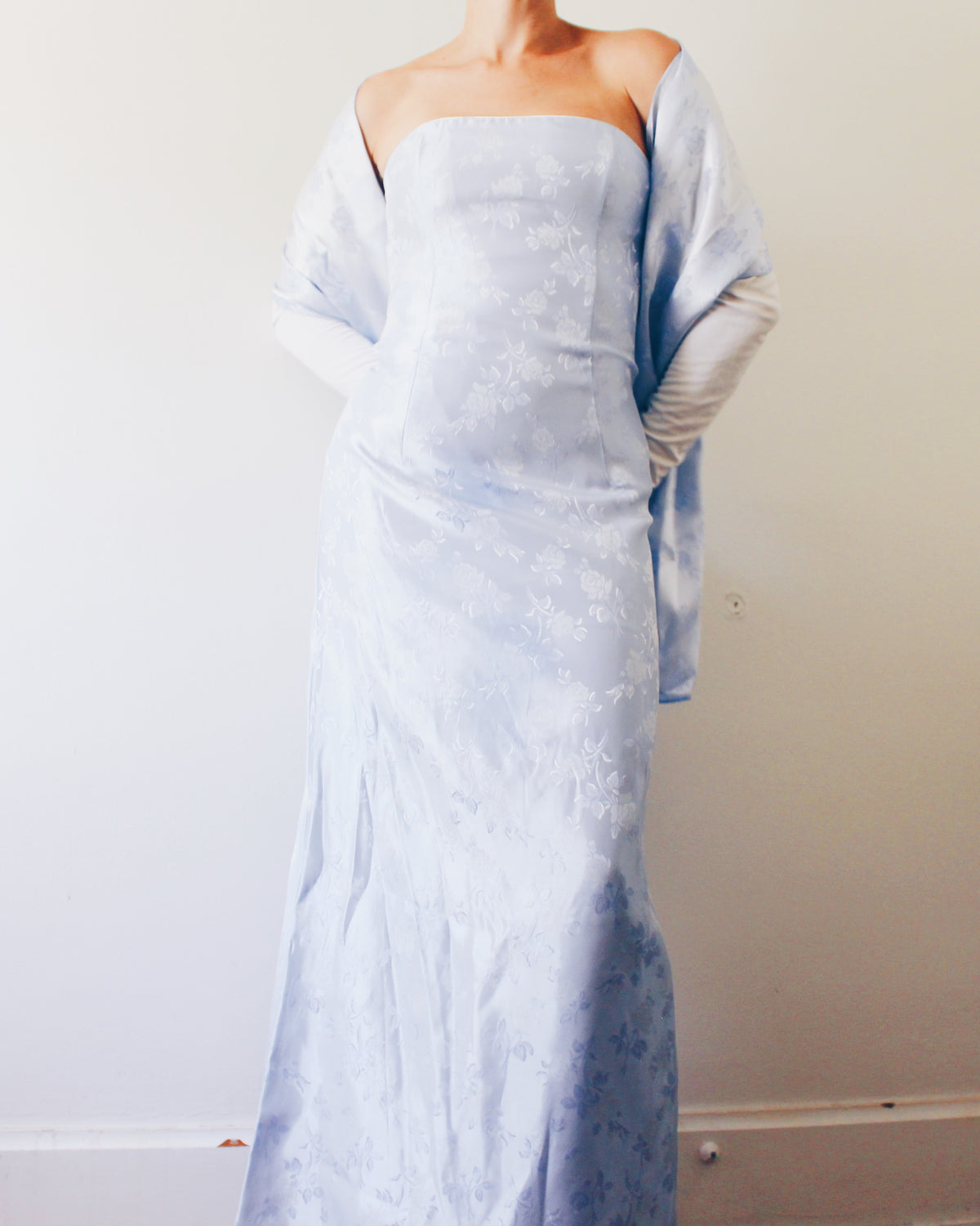 Deadstock Vintage Y2K Jessica McClintock Ice Blue Floral Formal Gown with Matching Wrap, Sleeveless Prom Dress