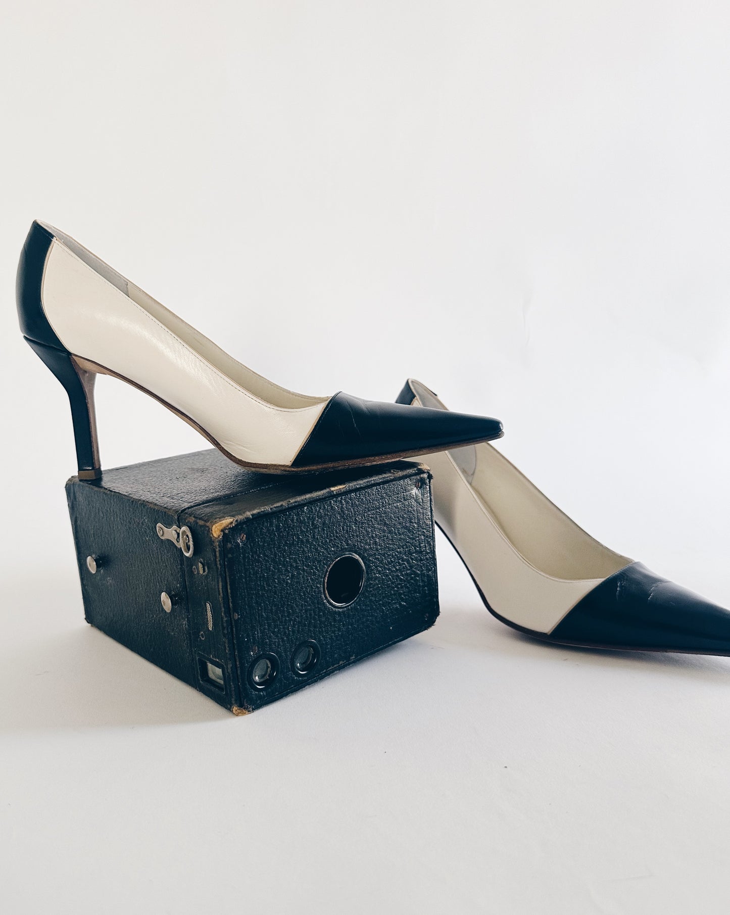 Vintage Chanel Black & White Cap Toe Pointed Heels – Iconic Two Tone Stiletto Pumps | Classic Designer Shoes