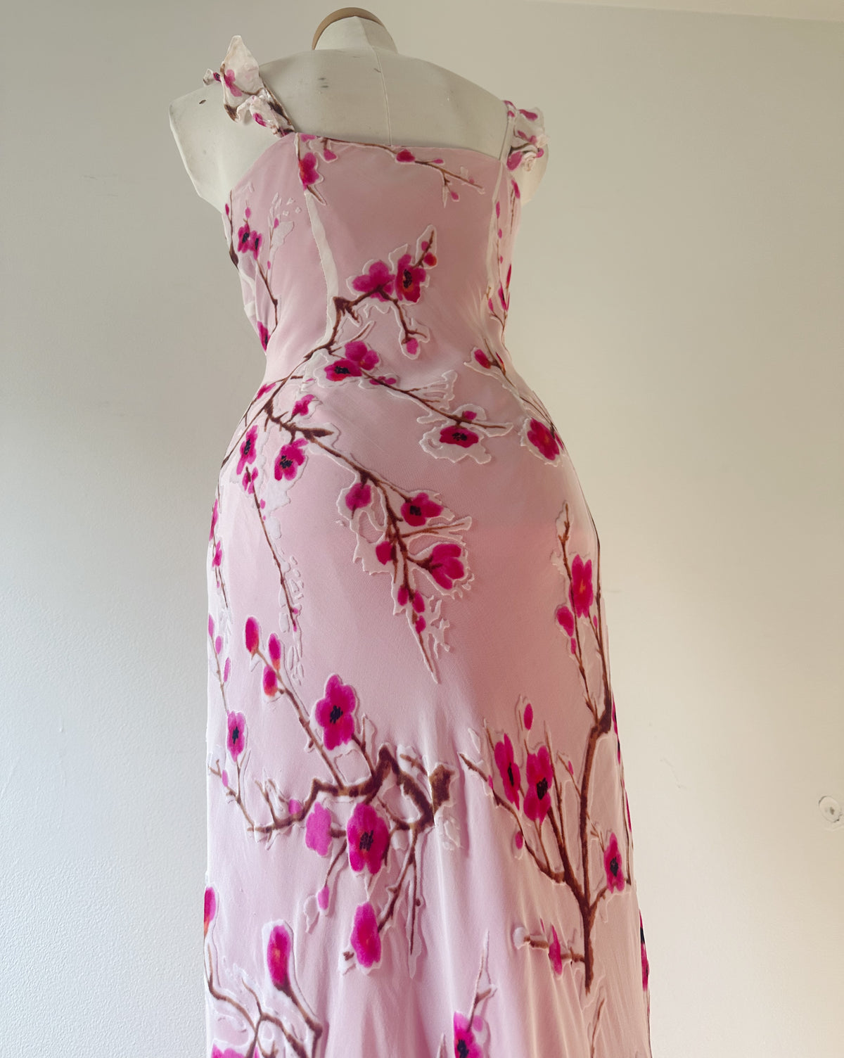 Vintage 90s Monsoon Velvet Burnout Cherry Blossom Slip Dress, Bias Cut Silk Viscose, Magenta Lining, Rare Y2K Dream Dress