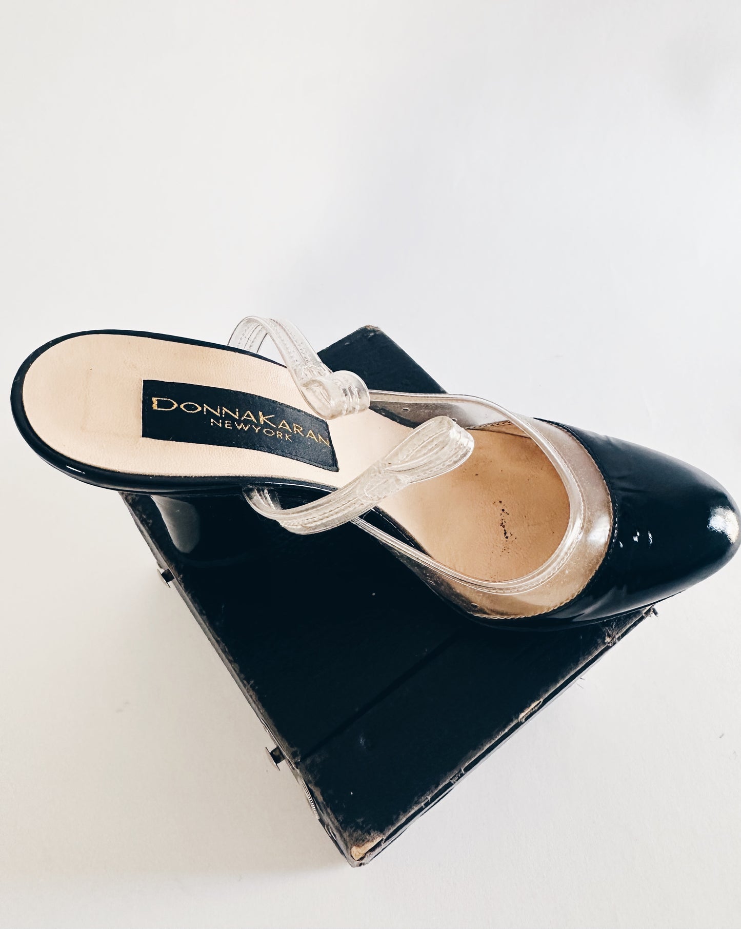 Vintage Donna Karan Cap Toe Heels – 90s Y2K Black Leather & Clear PVC Pumps | Detachable Ankle Strap Designer Shoes