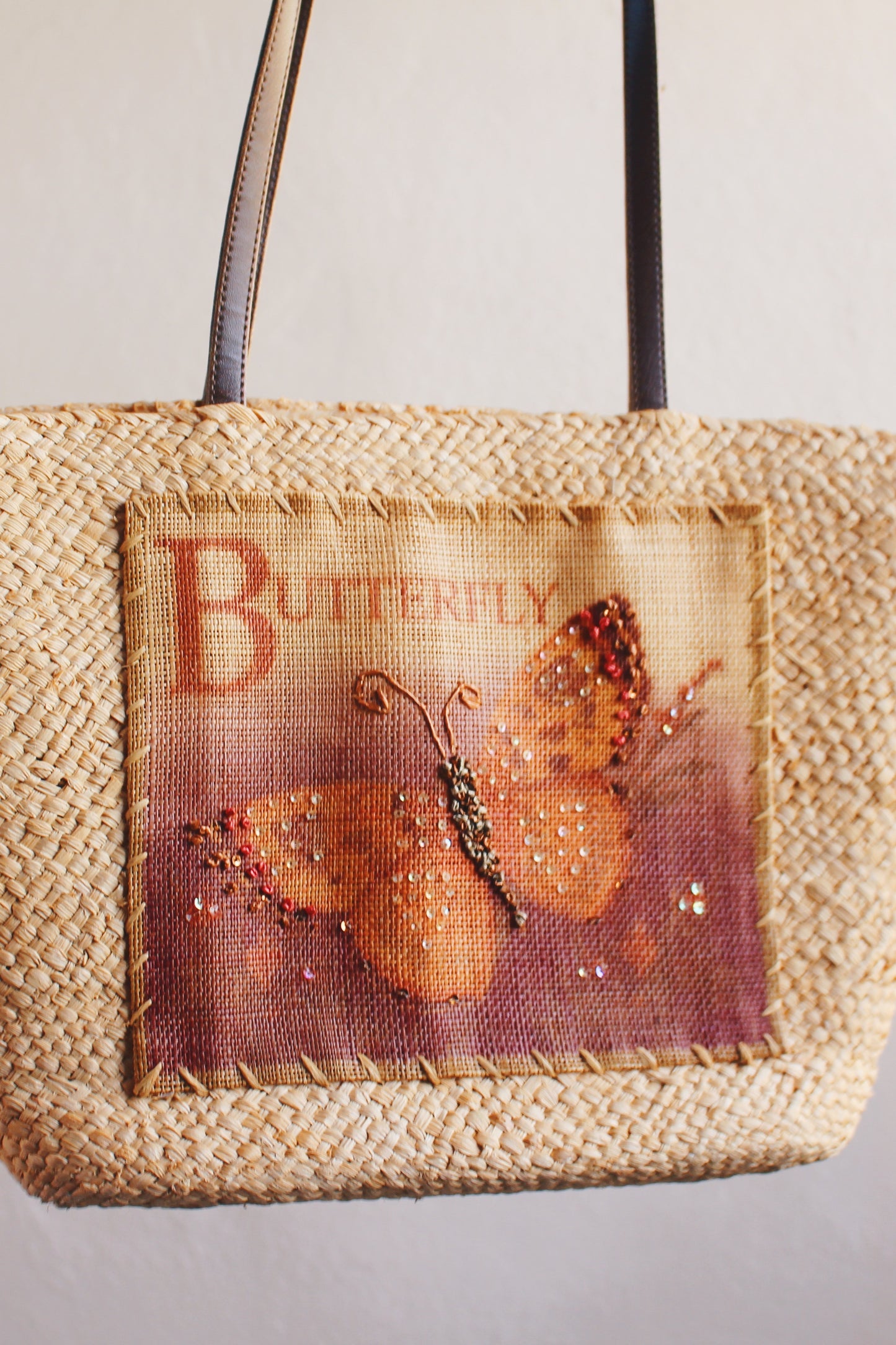 Vintage Whimsigoth Wonder: 90s Straw Tote with Illustrated Butterfly Burlap Patch!