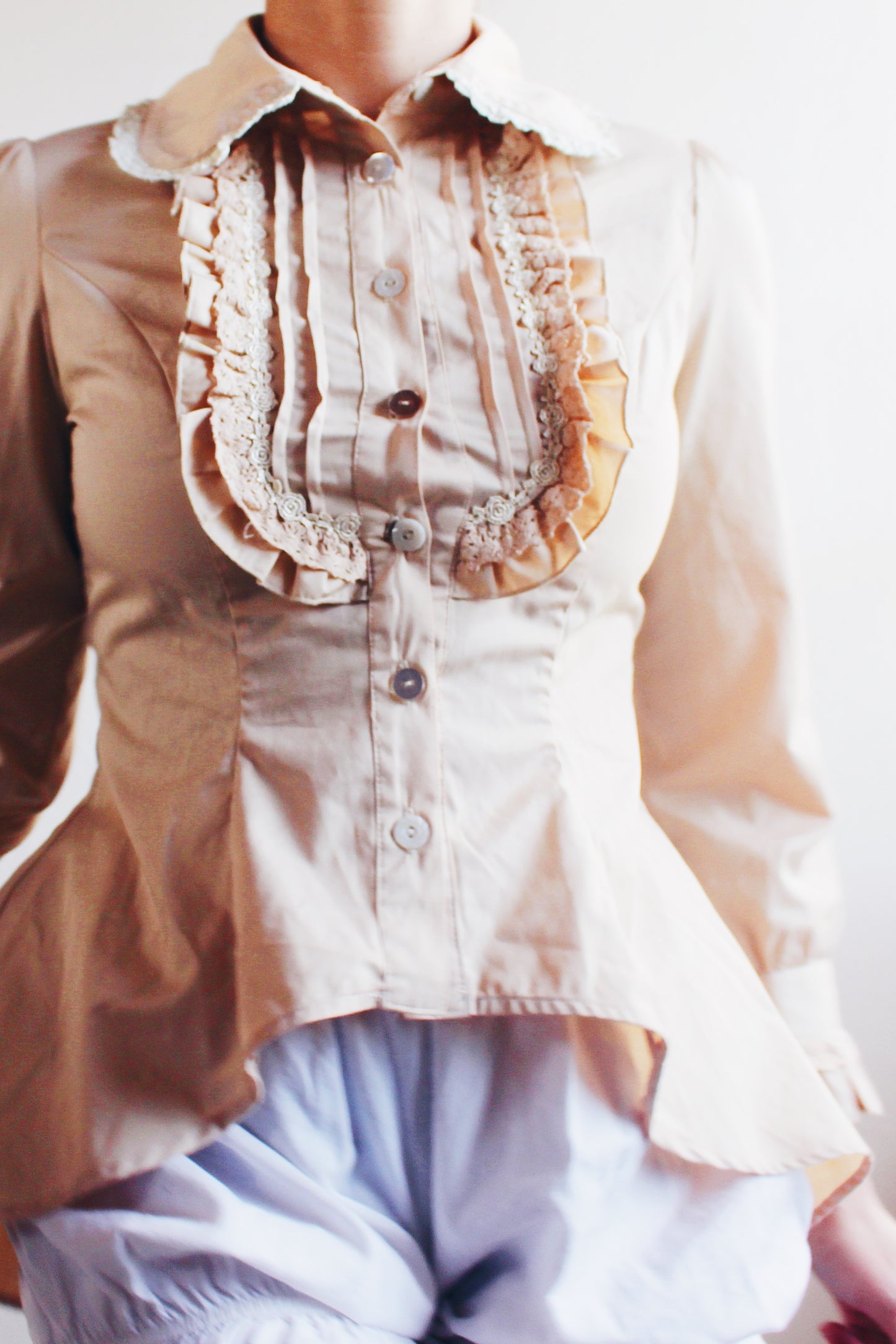 Elegance Revived: Upcycled Victorian Blouse with High-Low Hem and Ruffle Bib