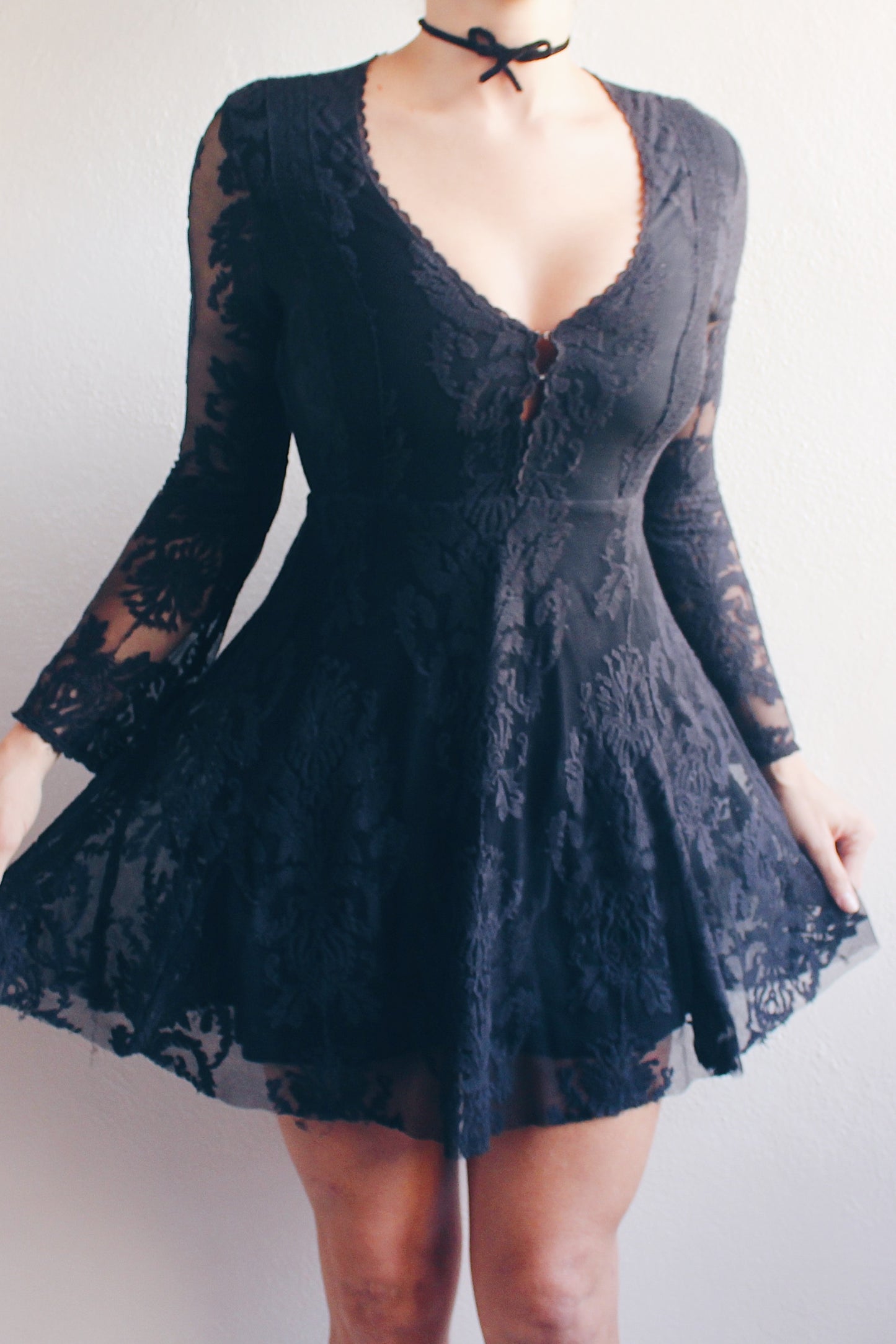 Ethereal Elegance: Vintage Black Lace Bell Sleeve Dress for Your Dark Victorian Dreams