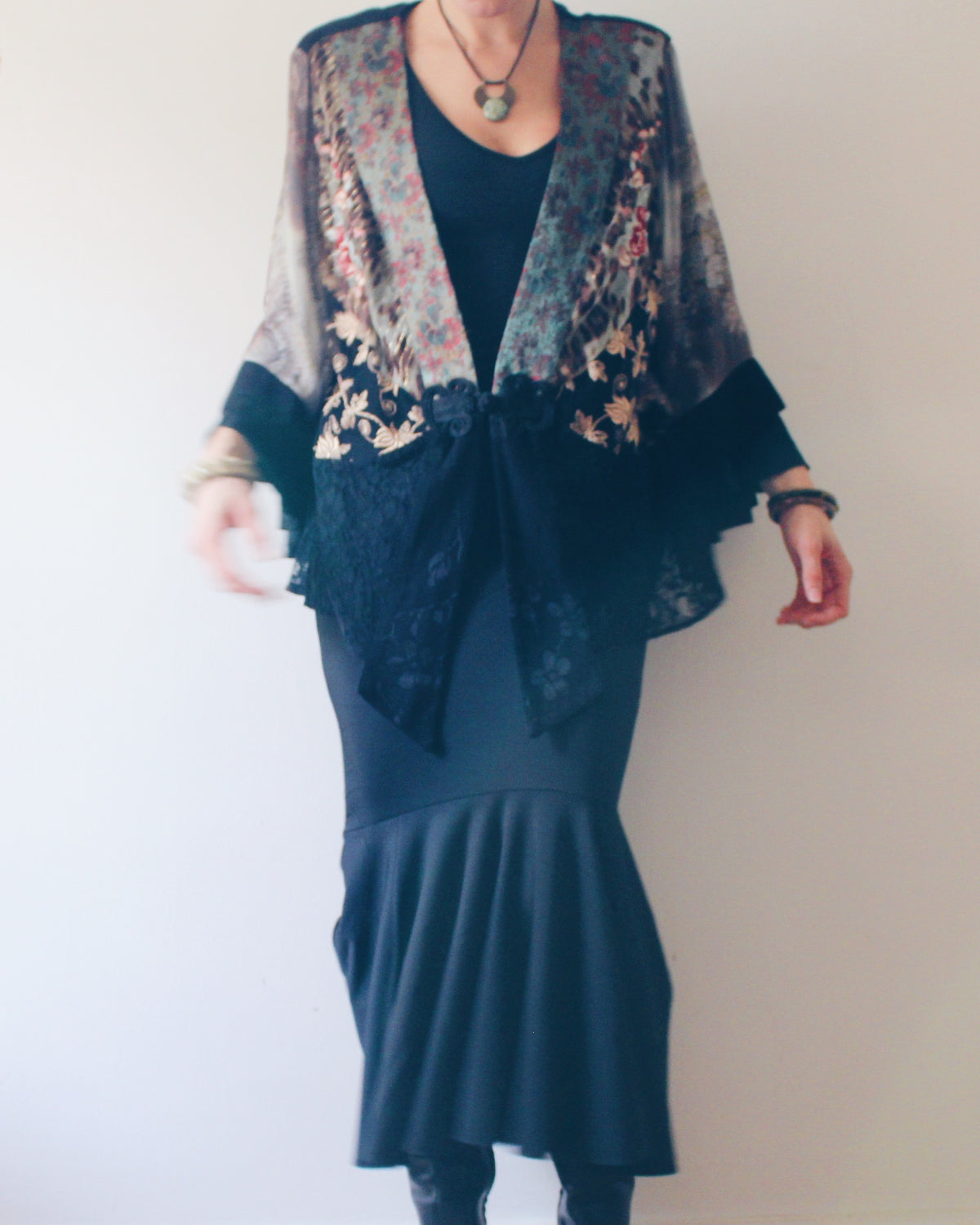 Vintage 90s Spencer Alexis Whimsygoth Patchwork Kimono Sleeve Jacket Robe, East Asian Textile Print, Chinese Frog Button Closure