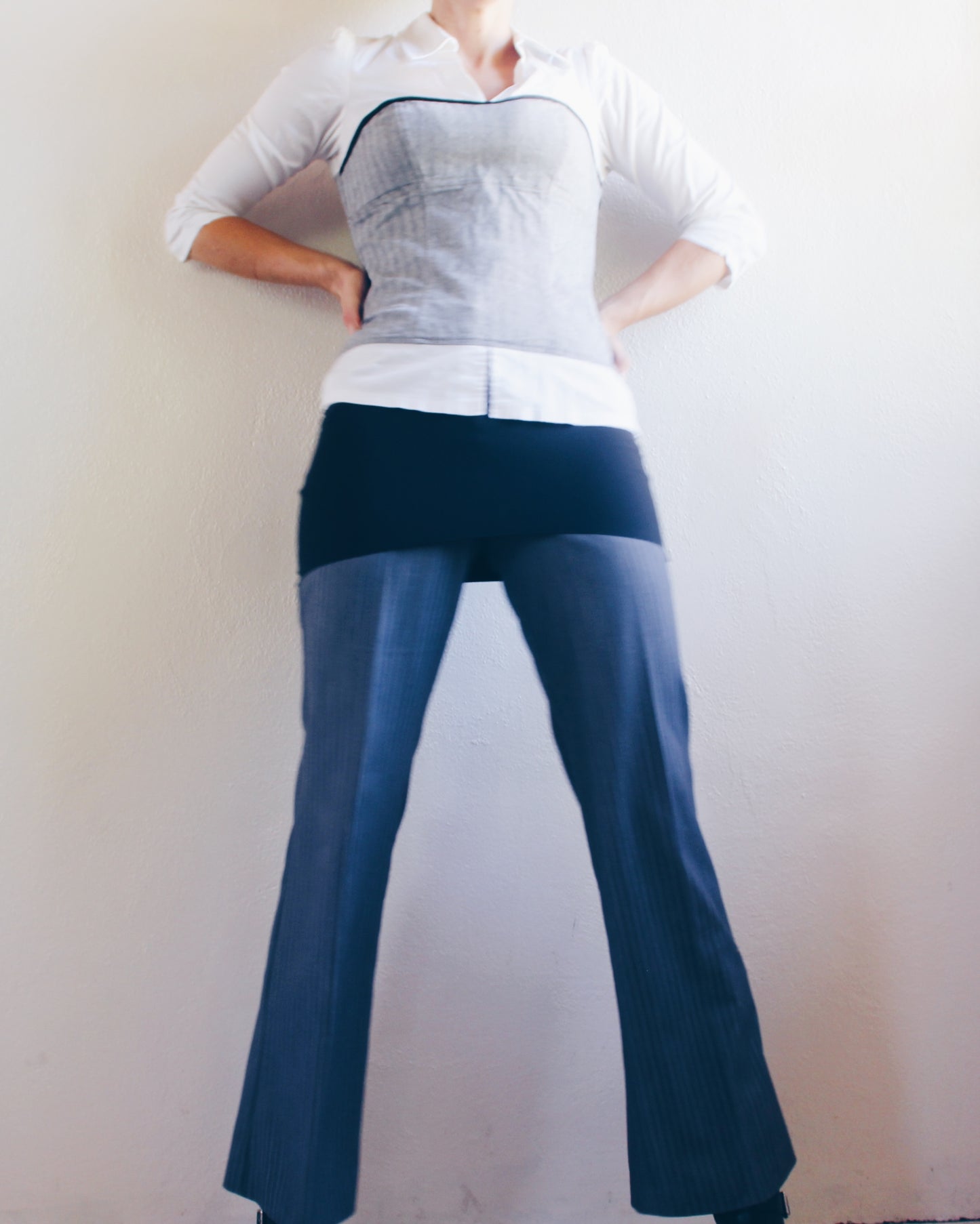 Y2K Office Siren Layered Illusion Blouse | 2000s White Collared Shirt with Grey Tube Overlay | Fitted Stretch Cotton Corporate Chic Top