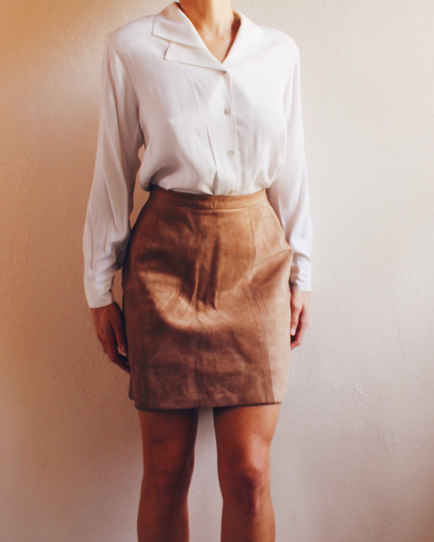 High Waisted Tan Leather Skirt – Vintage Minimalist Chic, Dress Up or Layer