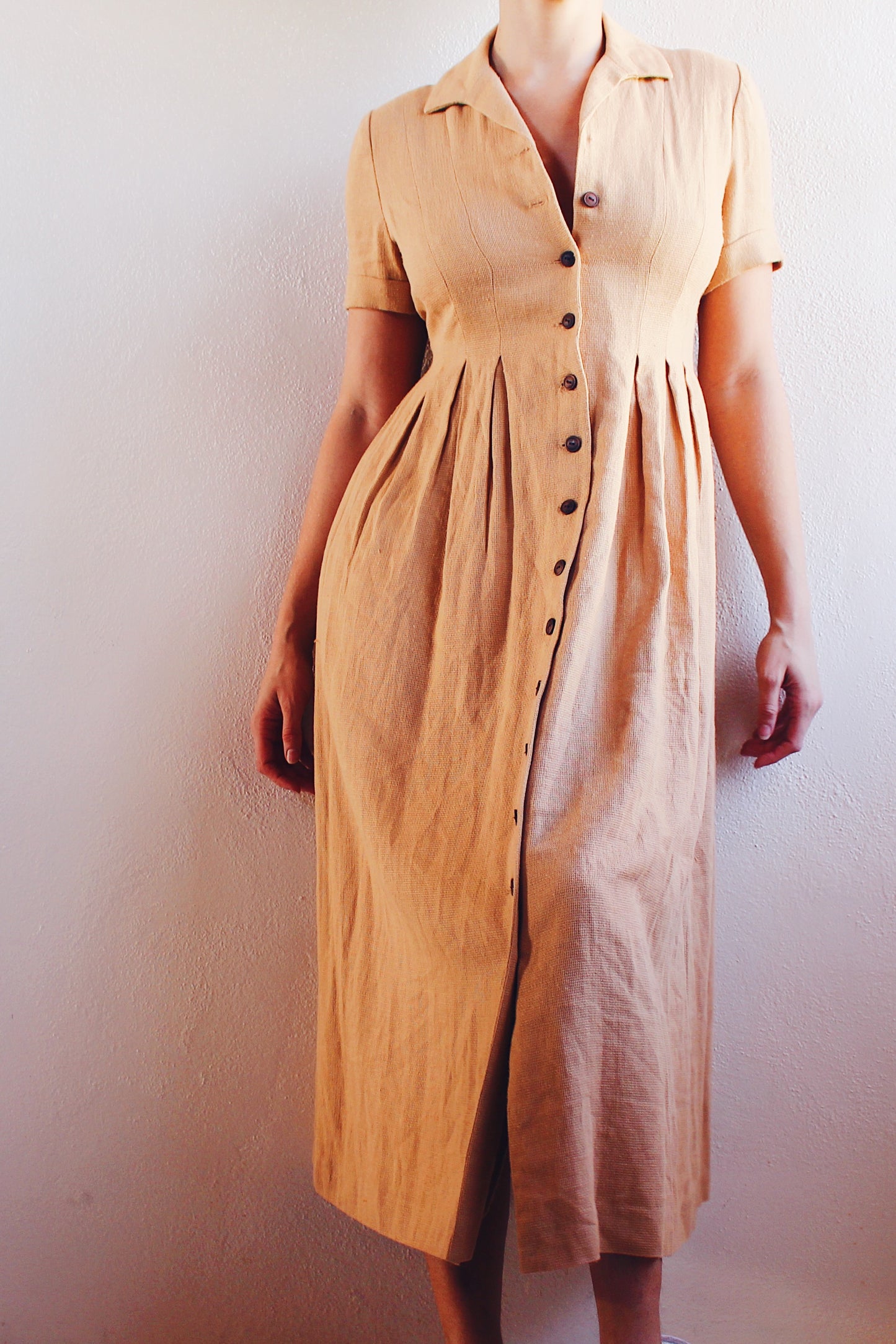 Timeless Linen: 1980s Short Sleeve Minimalist Tan linen-Blend A-Line Dress