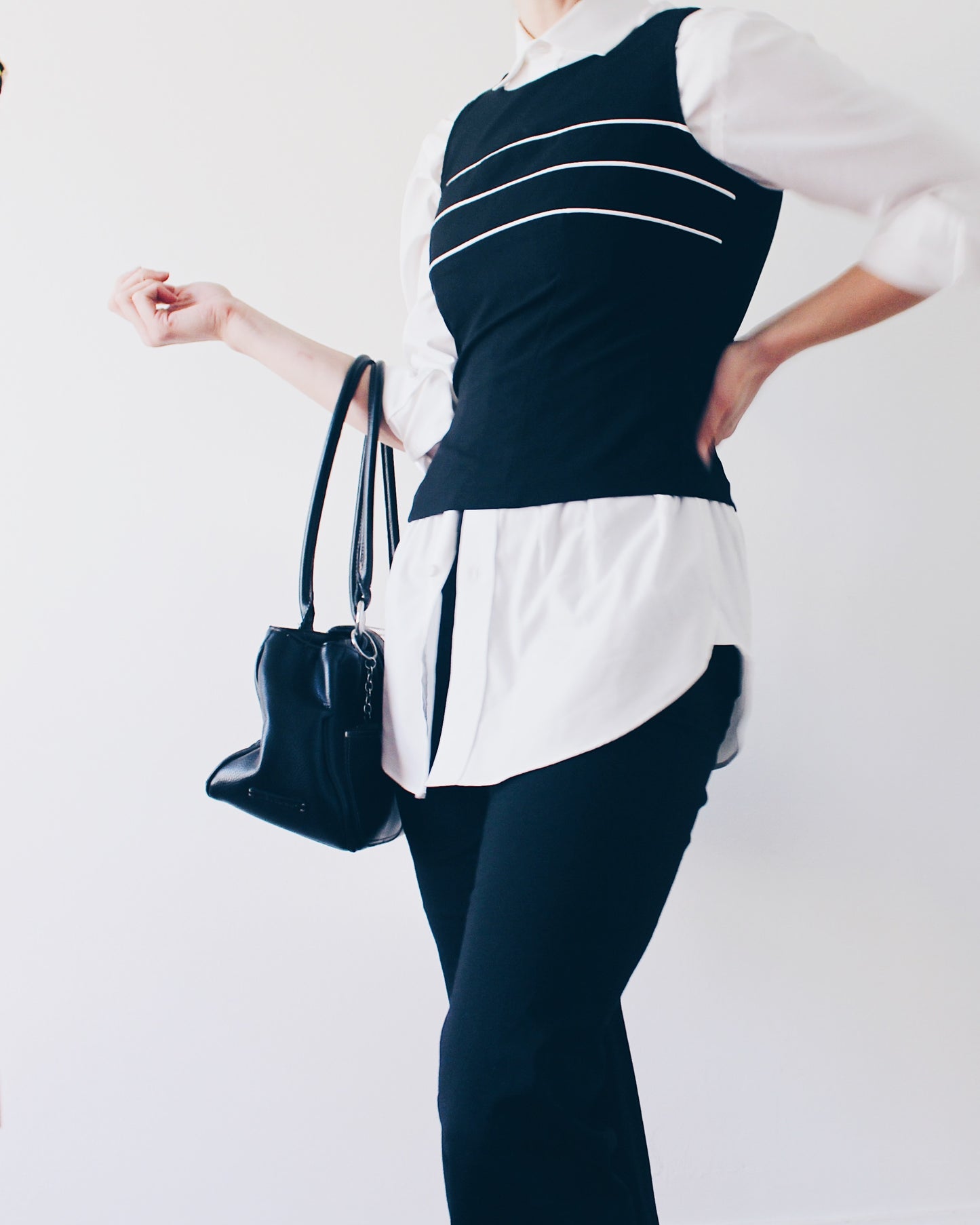 Vintage 90s Minimalist Tank Top | Black Sleeveless Top with White Stripe Detail | Back Zip Workwear Blouse | Chic Retro Layering Piece