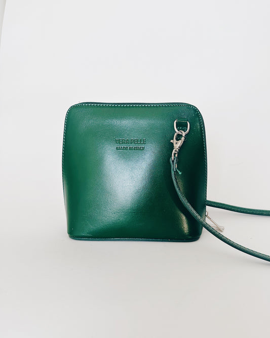 Vintage Vera Pelle Emerald Green Leather Mini Crossbody Purse, Italian Luxury Handbag, Florence Italy, Unique Diagonal Strap
