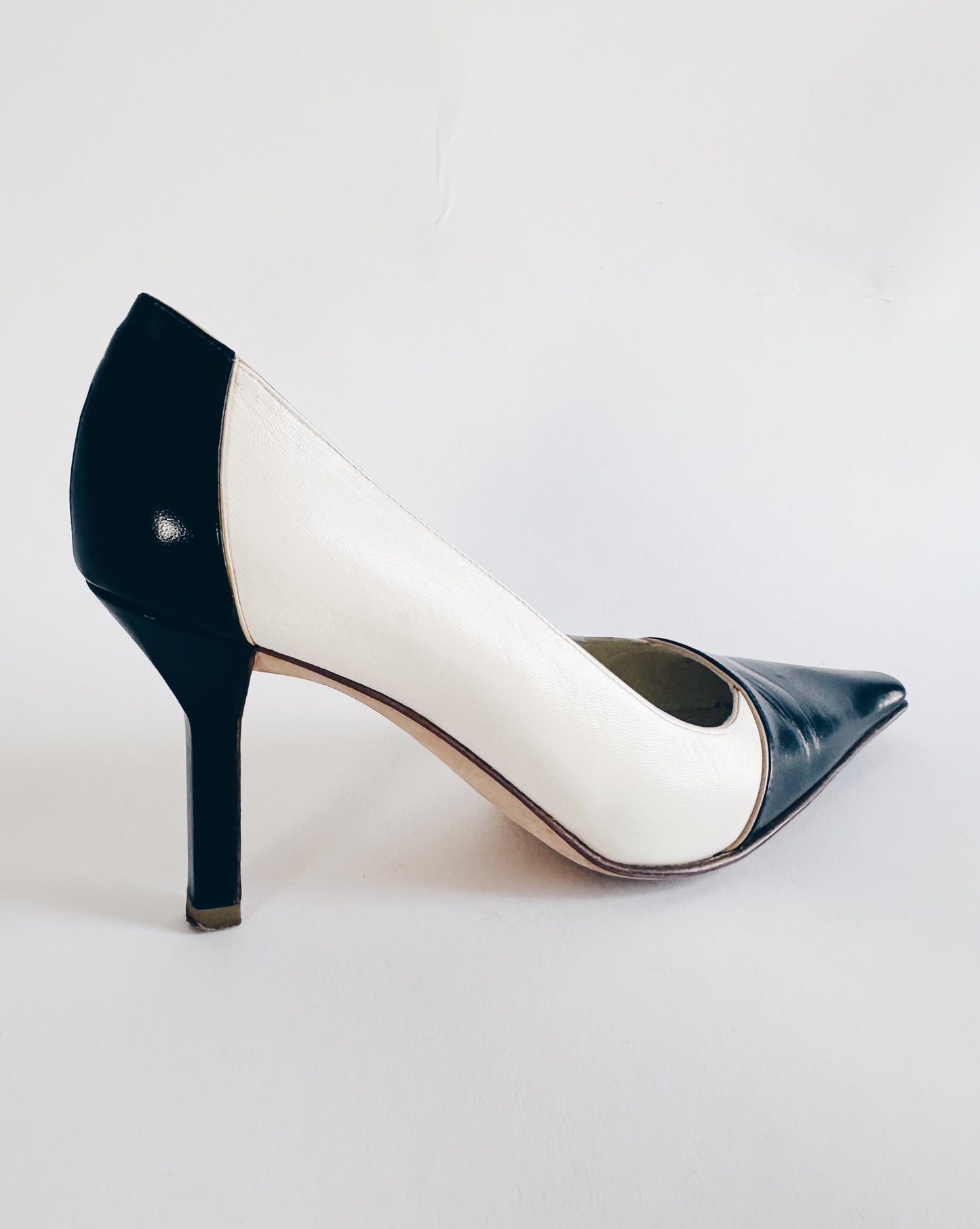 Vintage Chanel Black & White Cap Toe Pointed Heels – Iconic Two Tone Stiletto Pumps | Classic Designer Shoes