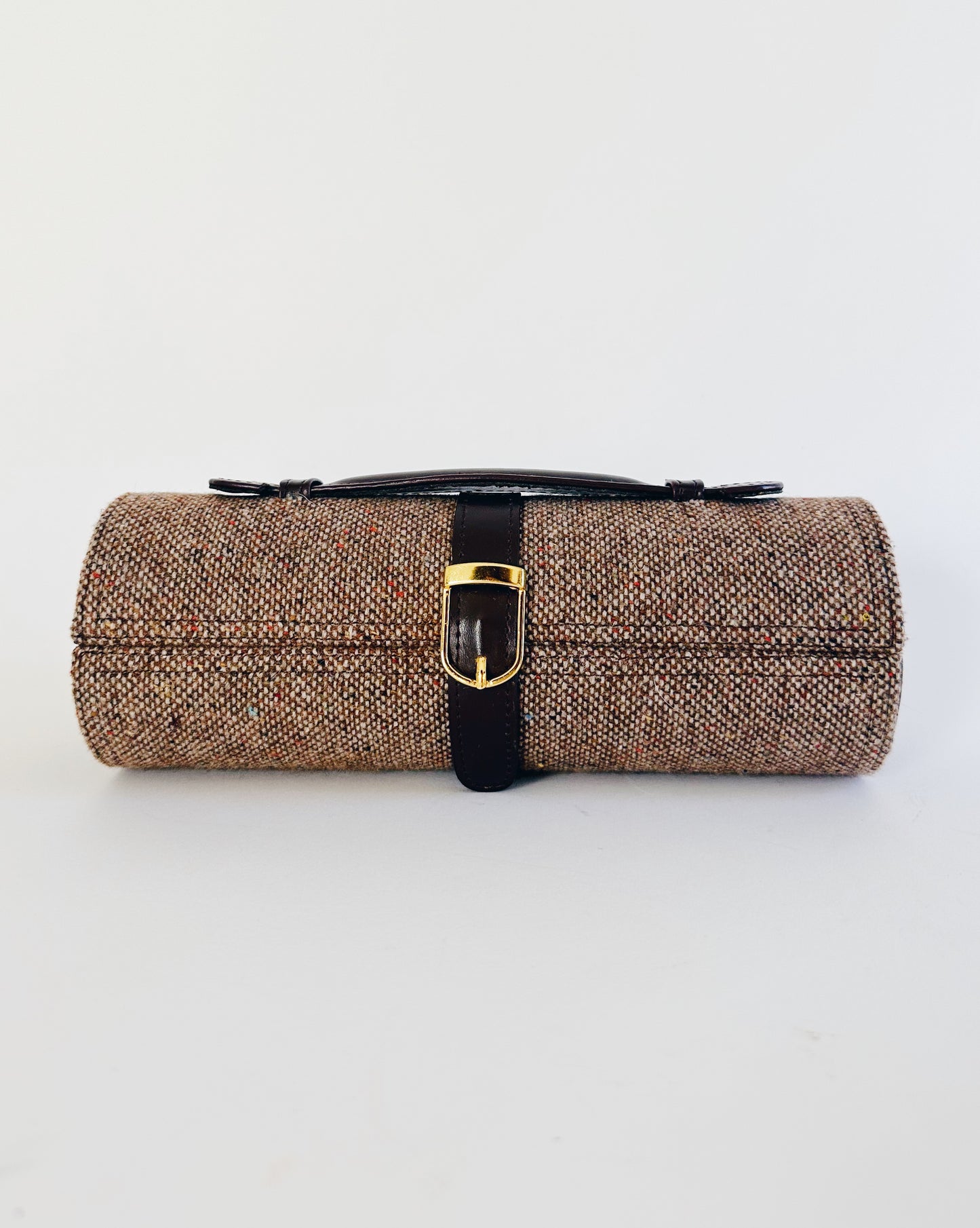 Vintage Brown Tweed Jewelry Travel Case – Mini Train Case Style Organizer | Vanity Storage Bag