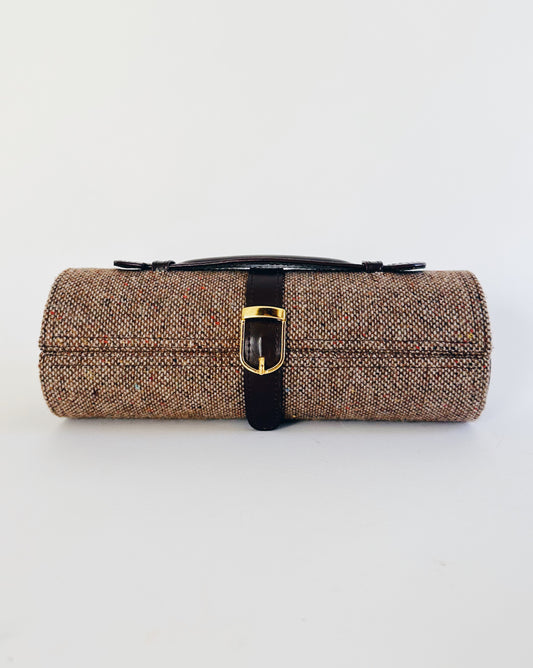 Vintage Brown Tweed Jewelry Travel Case – Mini Train Case Style Organizer | Vanity Storage Bag
