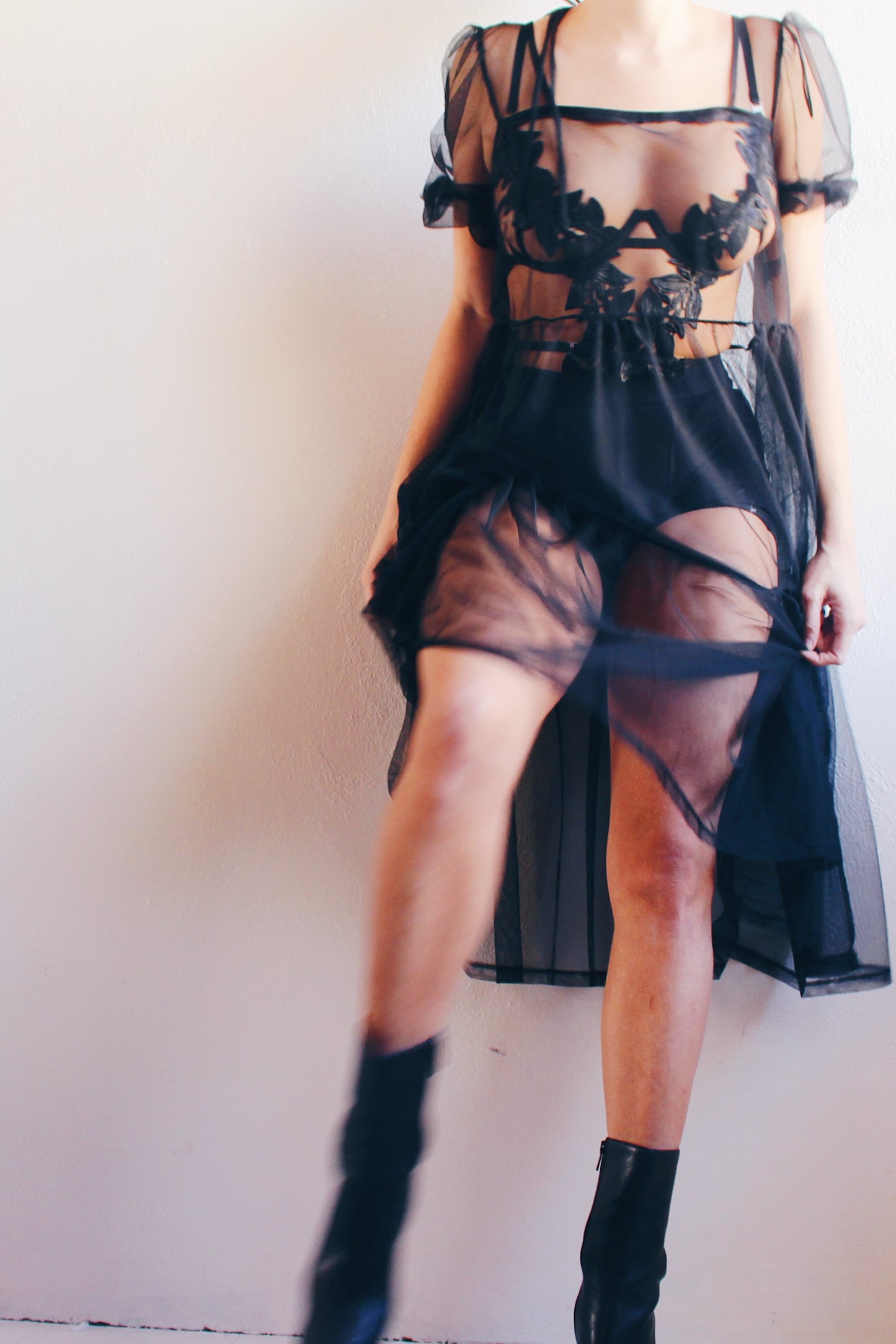 Enchanting Elegance: Sheer Black Babydoll Dress with Puffy Sleeves for Dark Days