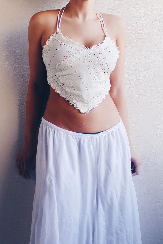 Upcycled vintage Place mat Tank / White cotton Reworked Fashion crop top / Heart shaped shirt