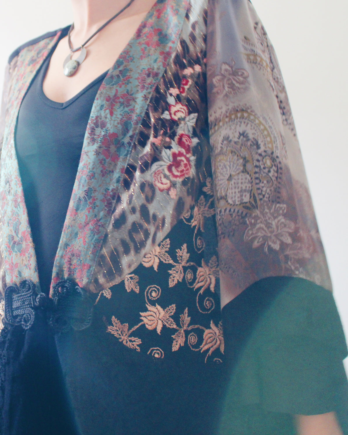 Vintage 90s Spencer Alexis Whimsygoth Patchwork Kimono Sleeve Jacket Robe, East Asian Textile Print, Chinese Frog Button Closure