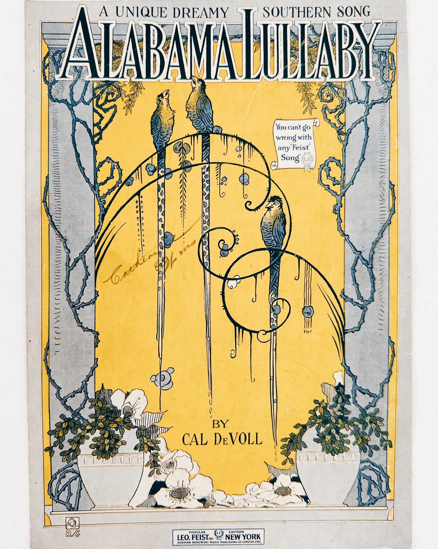 Antique Sheet Music "Alabama Lullaby" Cal DeVoll | Art Deco Bird Wall Art | 1920s Yellow Blue Illustration Decor