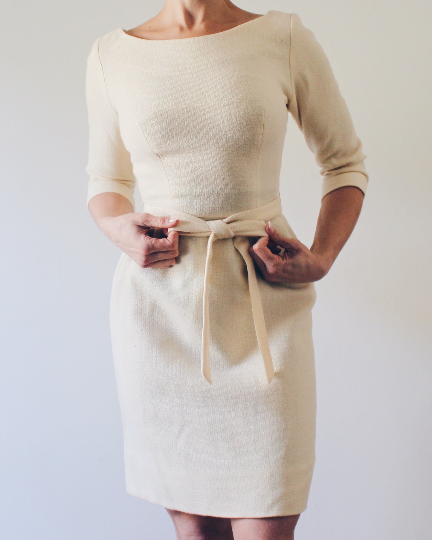 Vintage 60s Cream Wool Dress – Mod Midi with Bow Waist, ¾ Sleeves, Mad Men Style, Sophisticated Retro