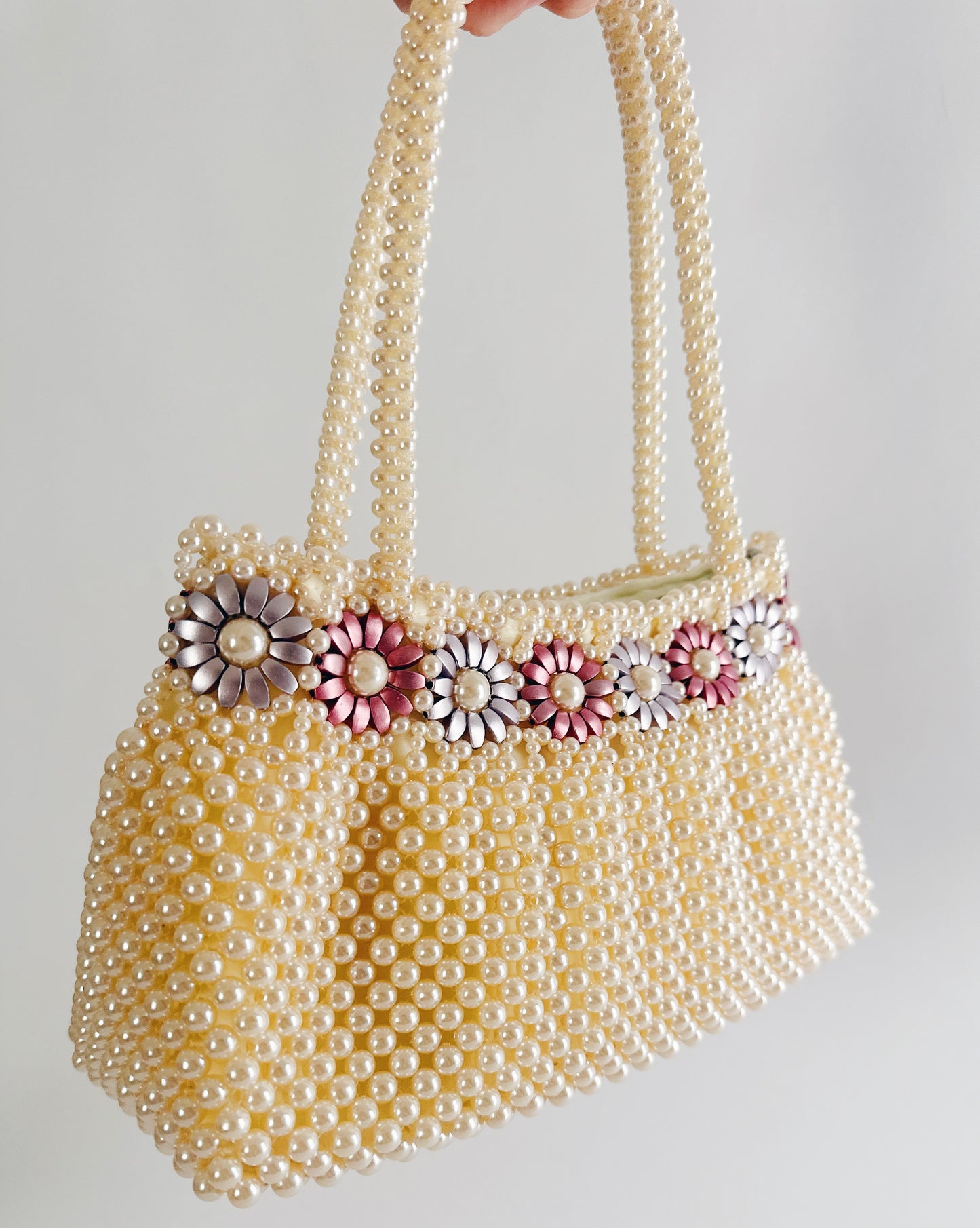 Vintage 70s Pearl Beaded Purse – Floral Detail Structured Clutch Spring Easter Bag