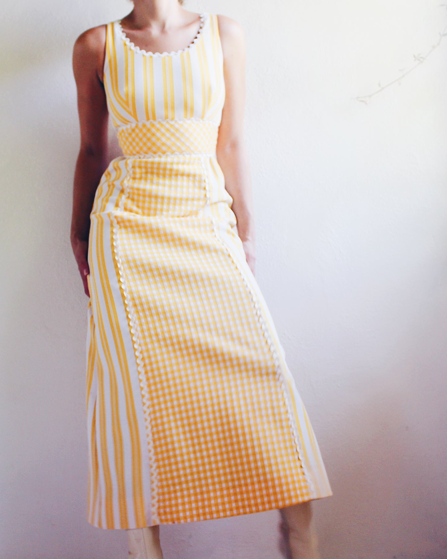 Vintage 1970s Ruth Norman Yellow and White Checked & Striped Long Dress - Americana Coquette Style | Perfect for Summer parties