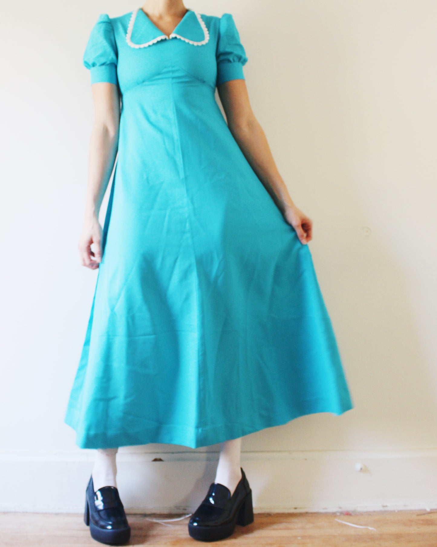 Vintage 1970s Bright Blue Dress | Handmade Maxi Dress with Scalloped Collar | Coquette Puff Sleeve Cottagecore Prairie Style