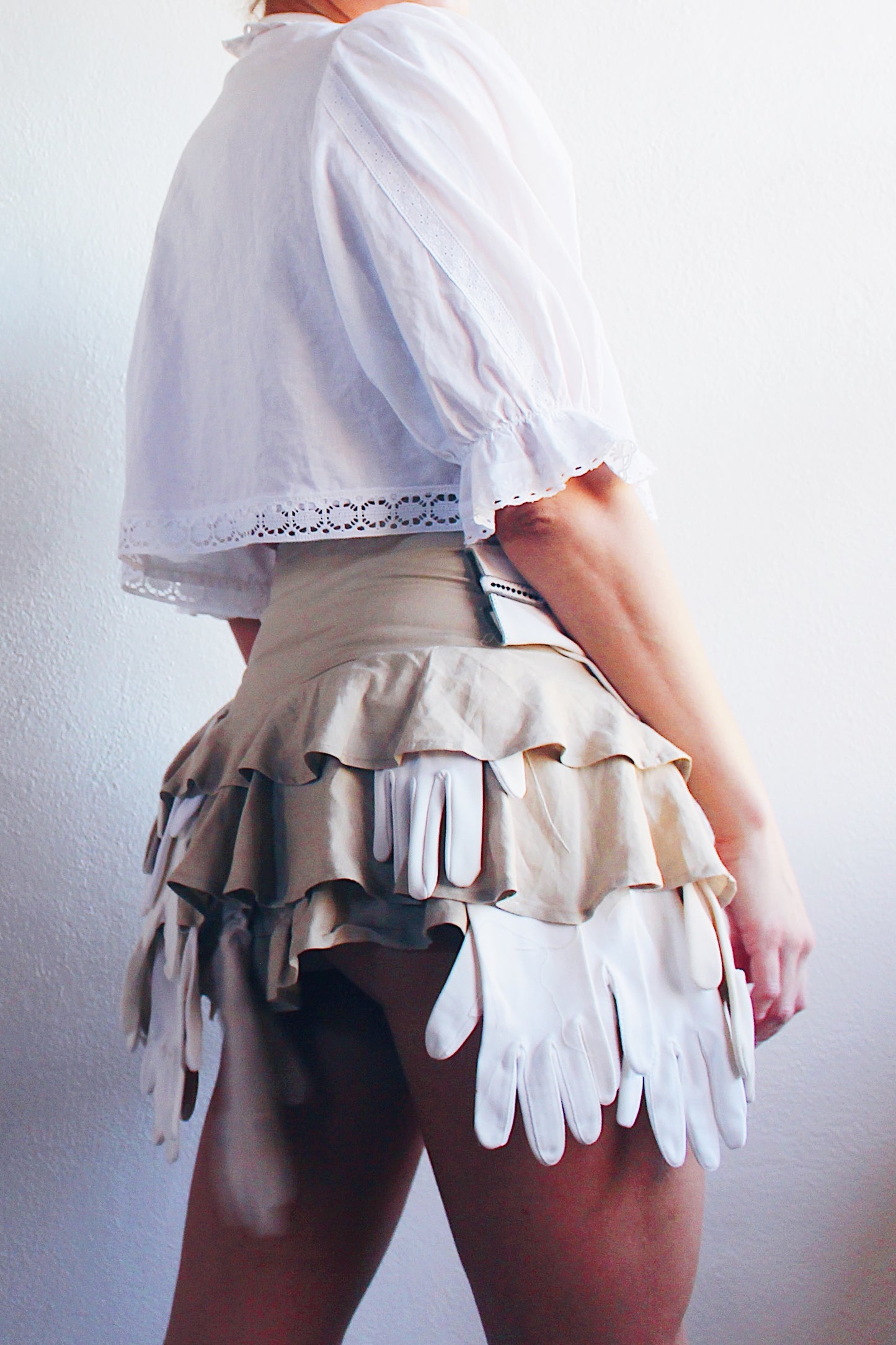 Prairie Whimsy Revived: Upcycled Cropped Cotton Blouse with Eyelet Ruffles and Lace