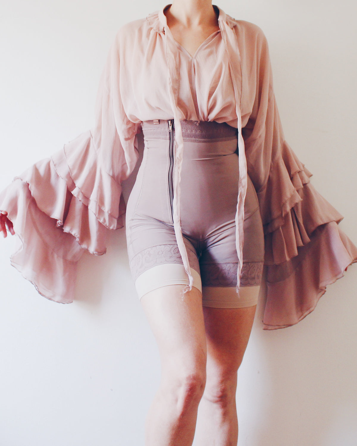Mauve Layering Shapewear with Lace Lined Bottom, Asymmetrical Zipper, Under Bust, Detachable Straps, Soft Goth Accessory