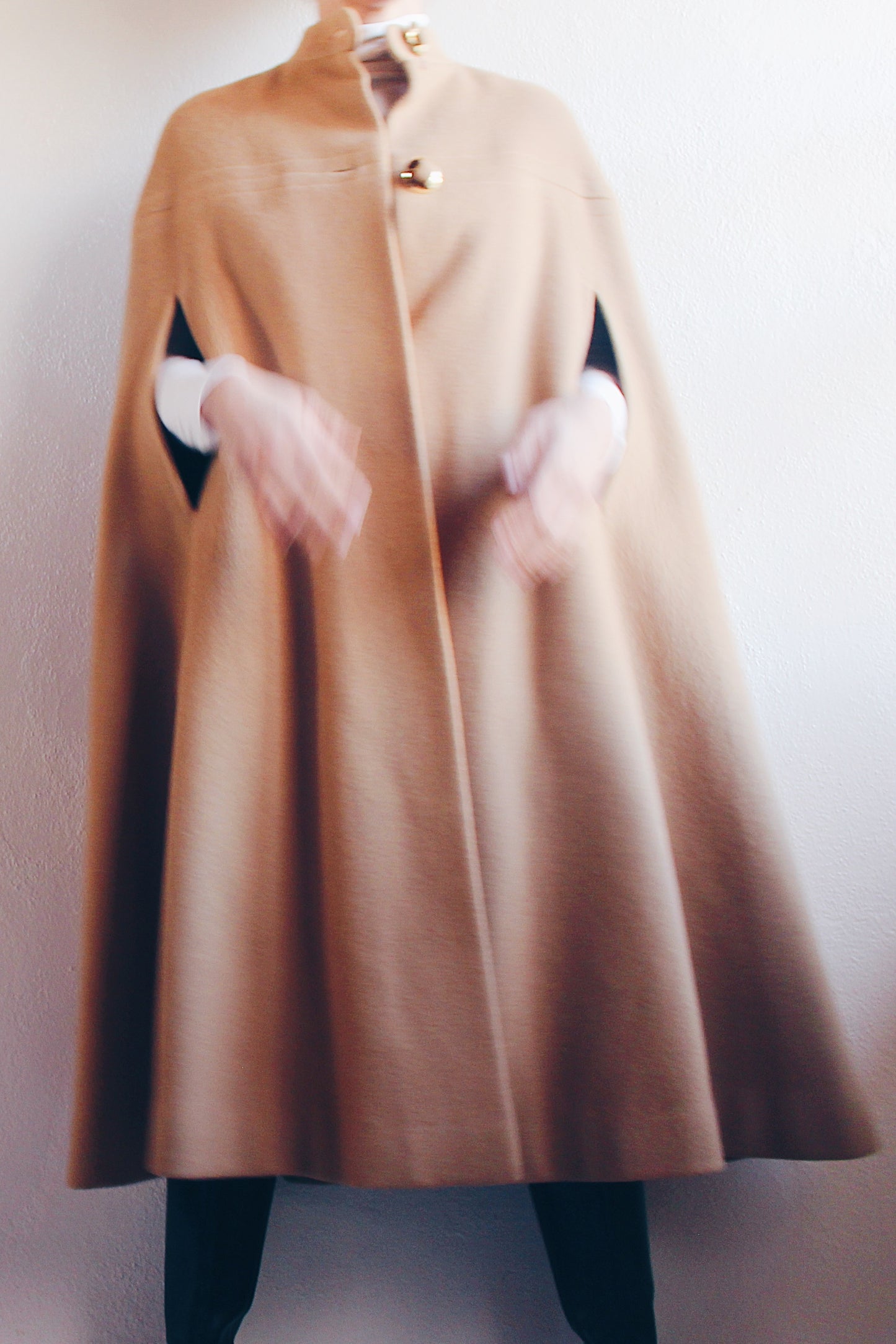 Timeless Chic: 1960s Wool Tan Cloak with Arm Slits - Vintage Elegance