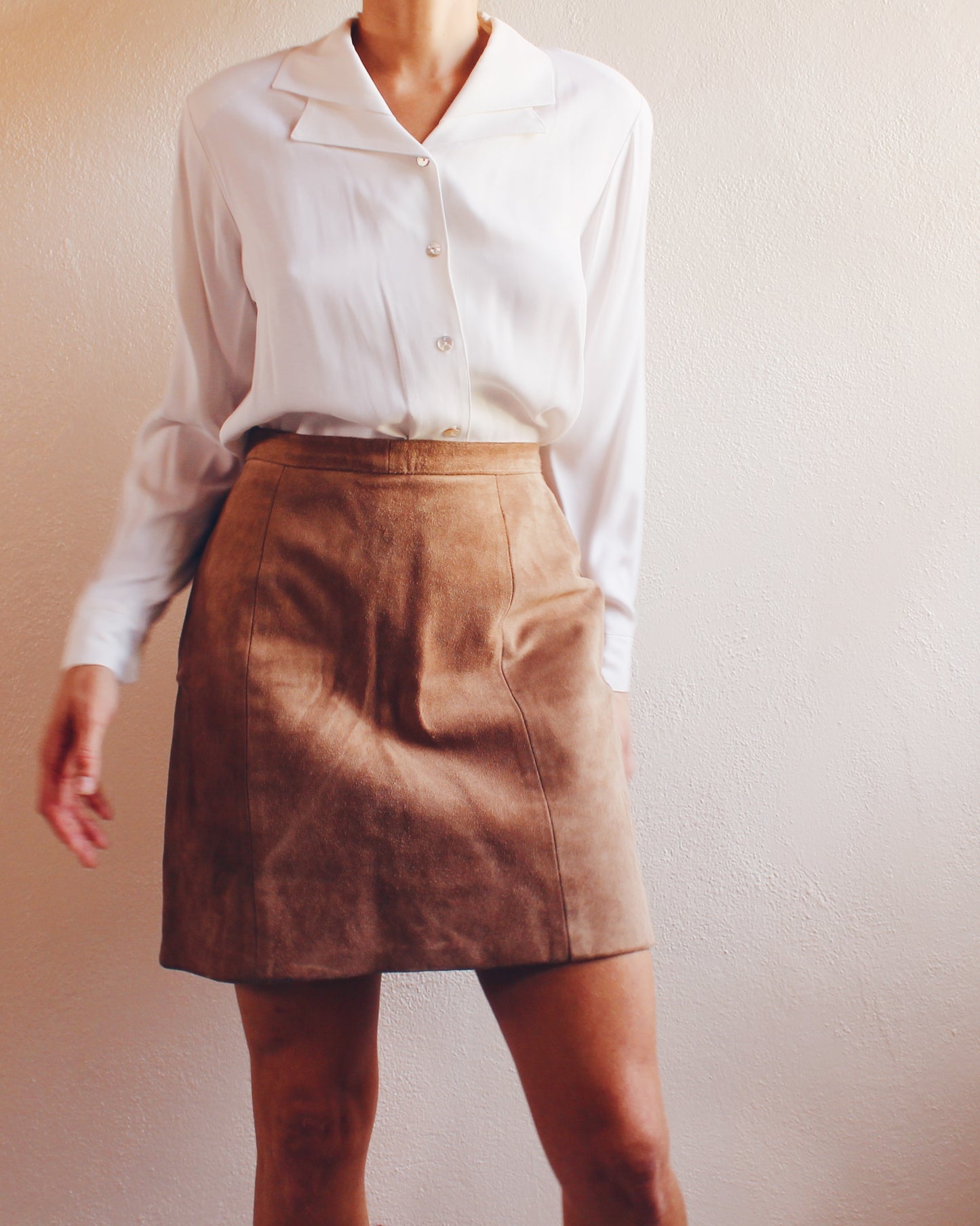 High Waisted Tan Leather Skirt – Vintage Minimalist Chic, Dress Up or Layer