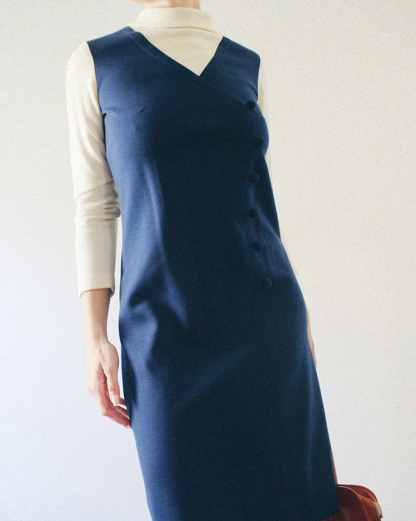 Vintage 1970s Navy & Ivory Pinafore Dress – Mod Knit Minimalist Academic Style