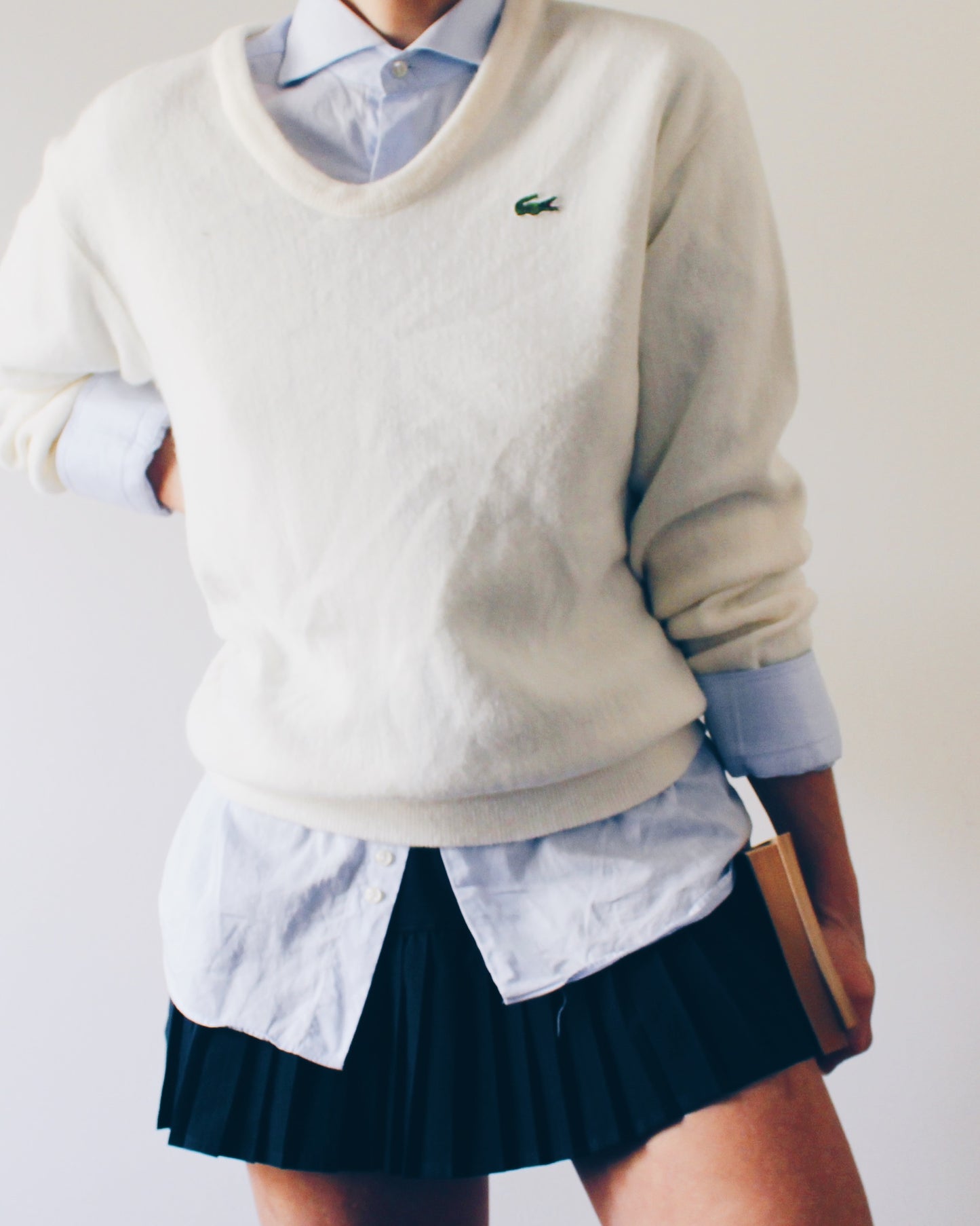 Vintage Izod Lacoste Ivory V Neck Sweater - 1980s Academic Knit Long Sleeve With  Logo Preppy Layering