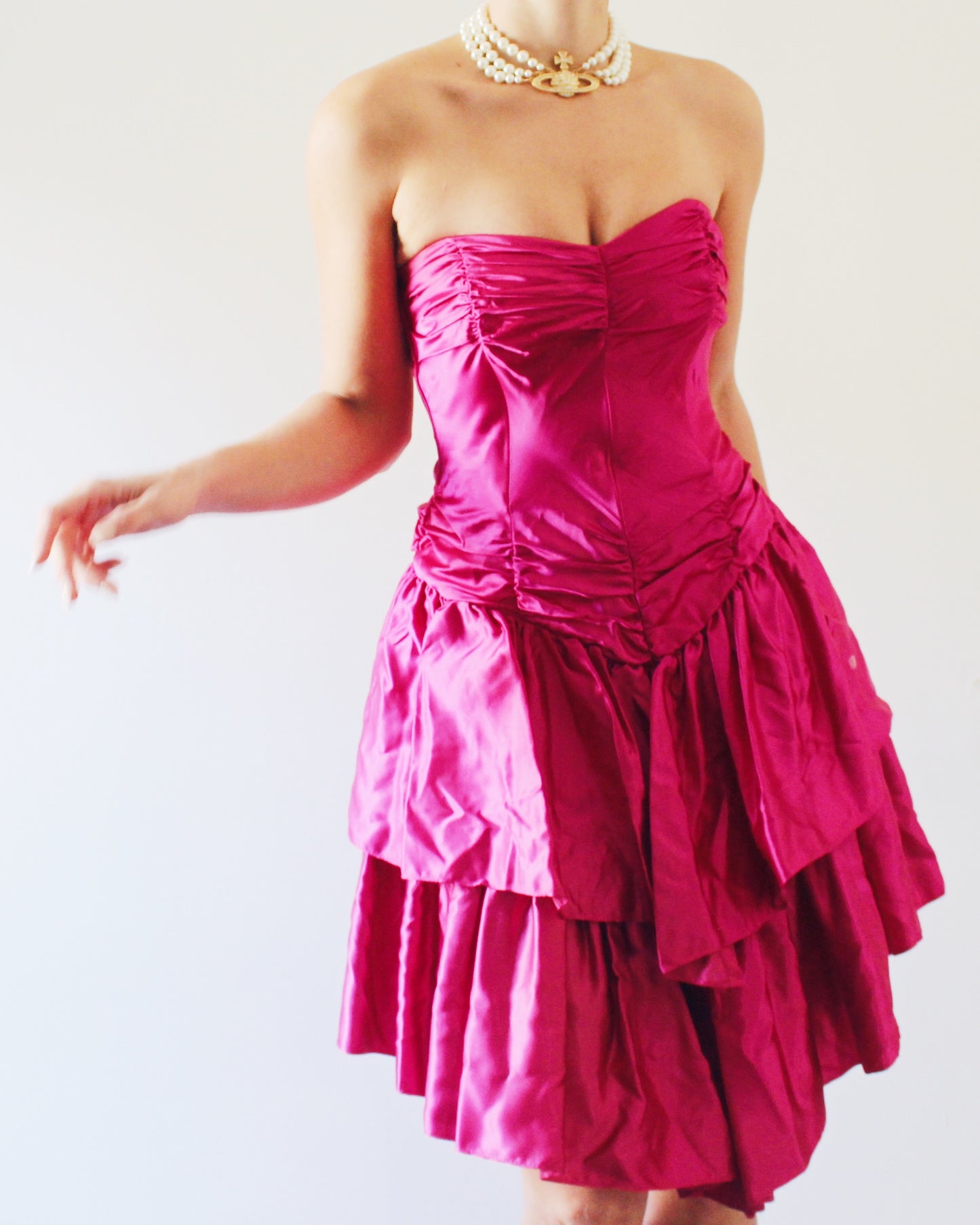 Vintage 1980s Bright Pink Mini Dress – Sleek Formal Cocktail Dress with 80s Statement Style Vintage 1960s Coquette Pink Tiered Tulle Gown