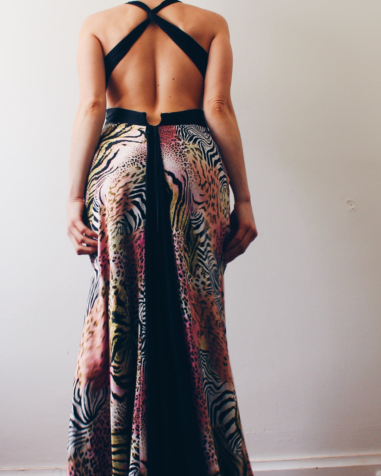 Vintage Y2K Black & Pink Zebra Print Prom Dress – Open Back Animal Print Statement Dress