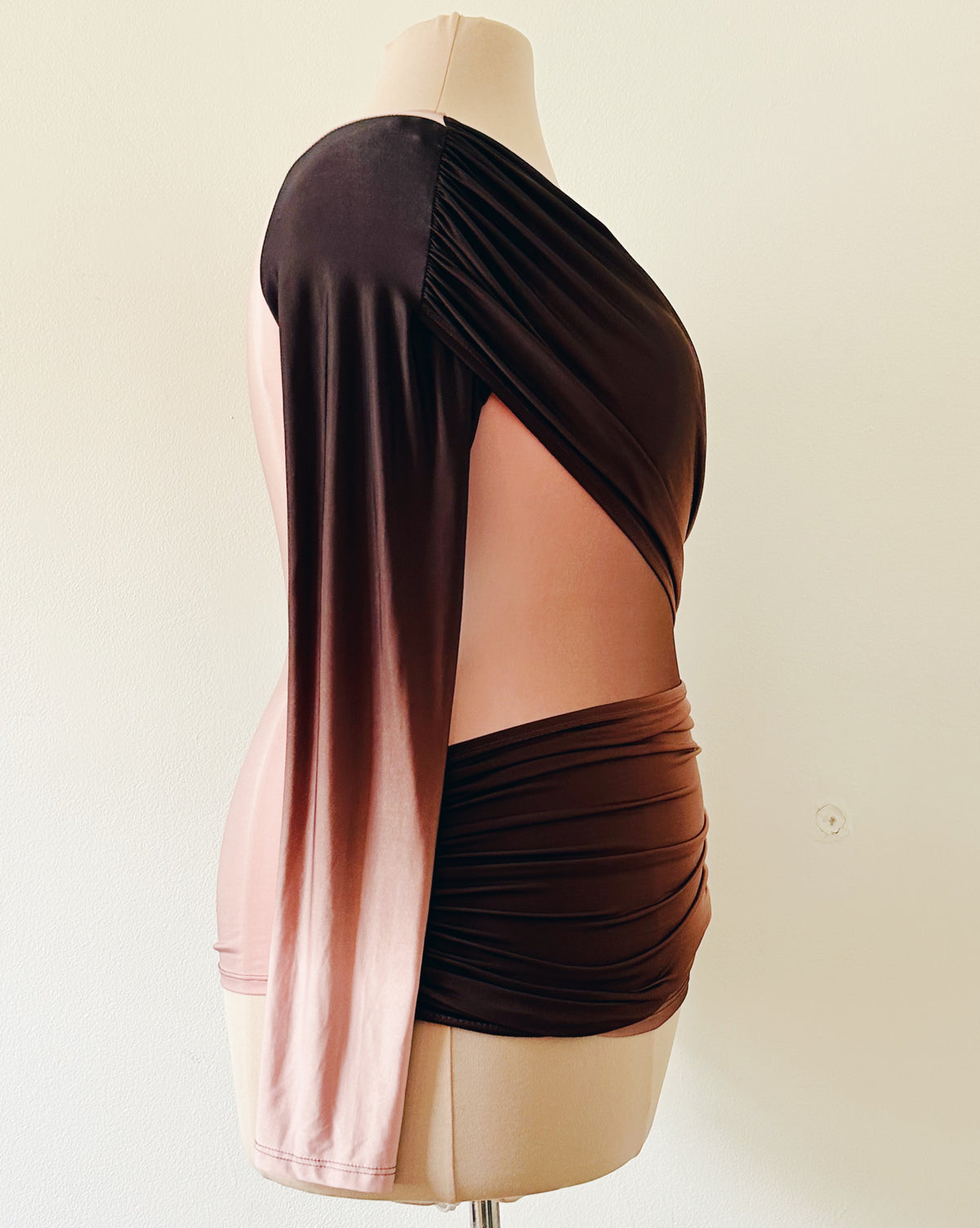 Vintage Y2K Venus Ombre Shirt, Asymmetric Long Sleeve Top, Plum to Peachy Rose Gradient, Layered Diagonal Statement Top