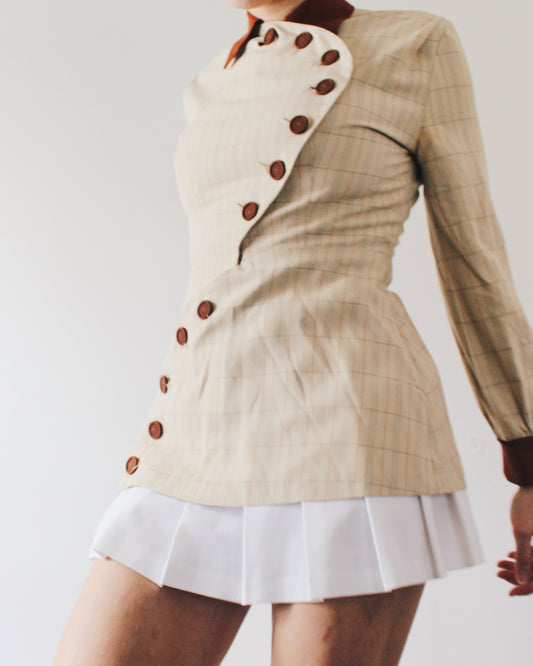 Rare 1970s Vintage Handmade Blouse – Academic Prep School Style, Intellectual Fall Fashion with Stripes & Unique Button Detail