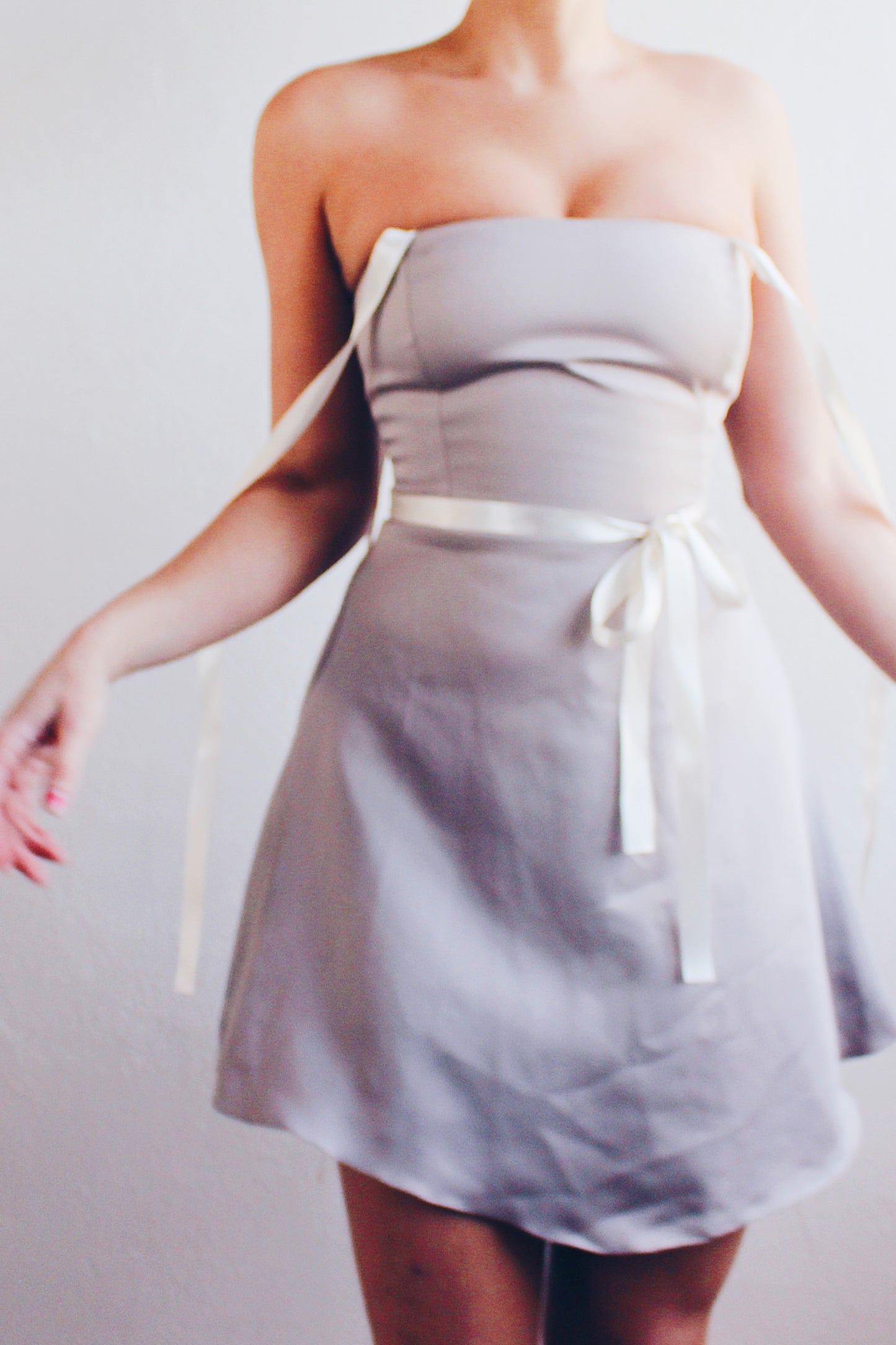 Vintage Chic Khaki-Grey Mini Dress - Form-Flattering Elegance with Upcycled Ribbon Details