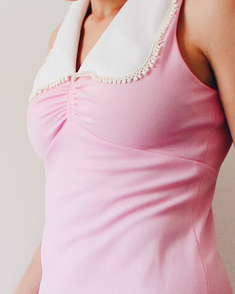 Vintage 1970s Handmade Pink Dress S | Peter Pan Collar Empire Waist | Moonrise Kingdom Wes Anderson Aesthetic | Retro Cottagecore Sleeveless